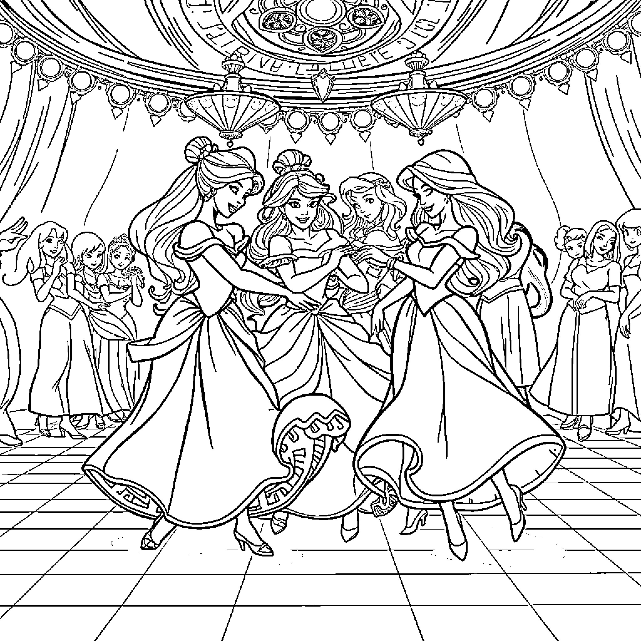 Disney Princess Ball Dance Performance Coloring Page (free black-and-white line drawing printable PDF for all, from beginners to advanced learners, including children, teens, adults, and seniors)