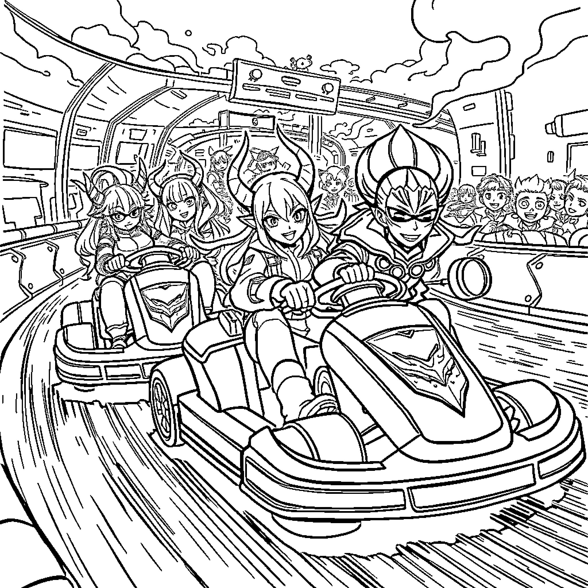 Demon Hunters race through a chaotic battle scene Coloring Page (free black-and-white line drawing printable PDF for all, from beginners to advanced learners, including children, teens, adults, and seniors)