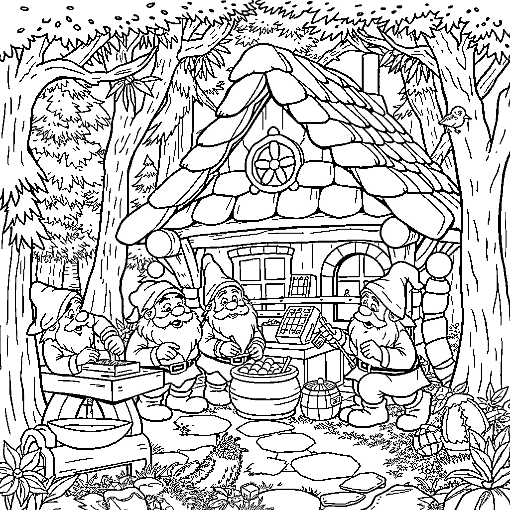Dwarf gnomes gathering mushrooms in a fantastical forest Coloring Page (free black-and-white line drawing printable PDF for all, from beginners to advanced learners, including children, teens, adults, and seniors)