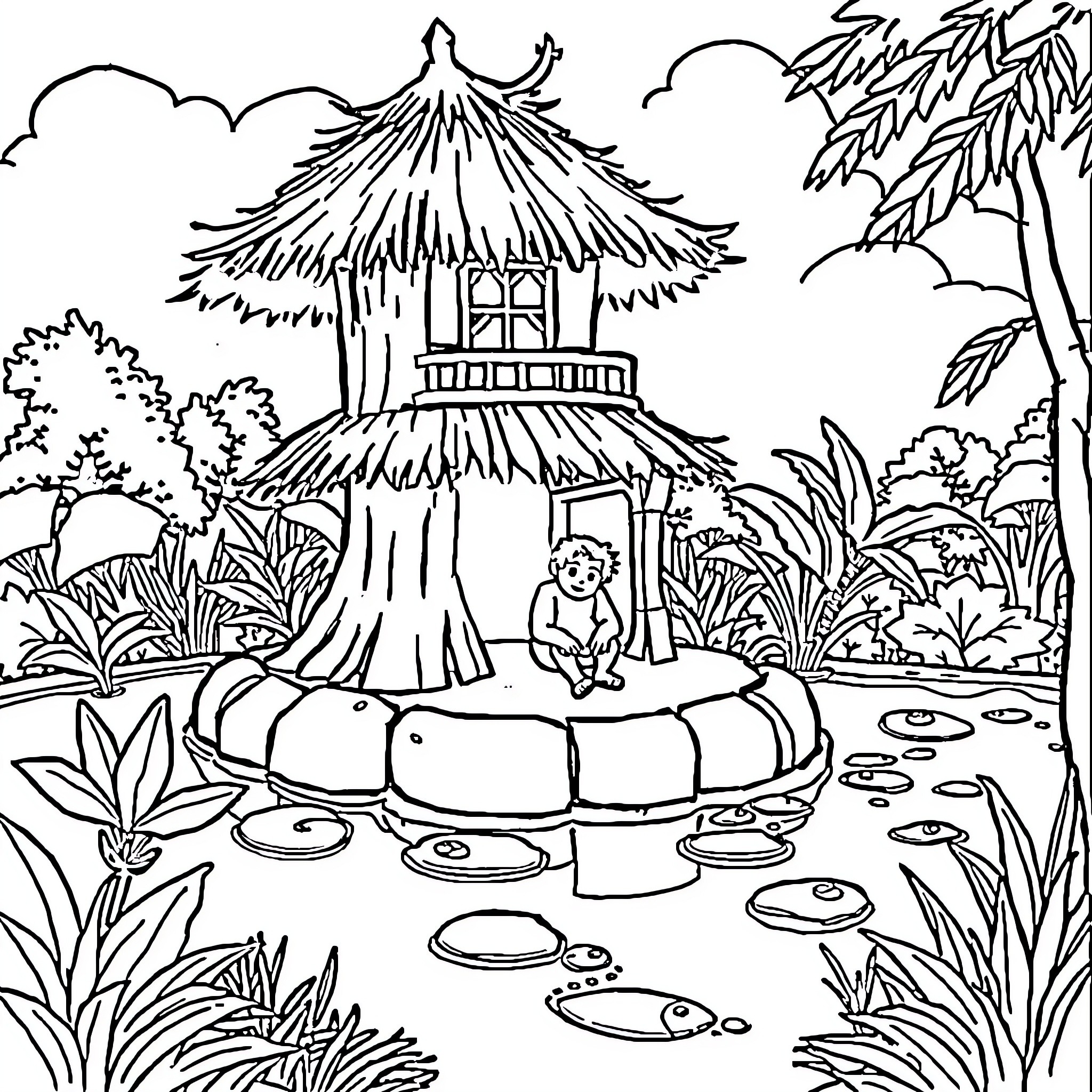 Pondok in Tropical Garden with Resting Child Coloring Page (free black-and-white line drawing printable PDF for all, from beginners to advanced learners, including children, teens, adults, and seniors)