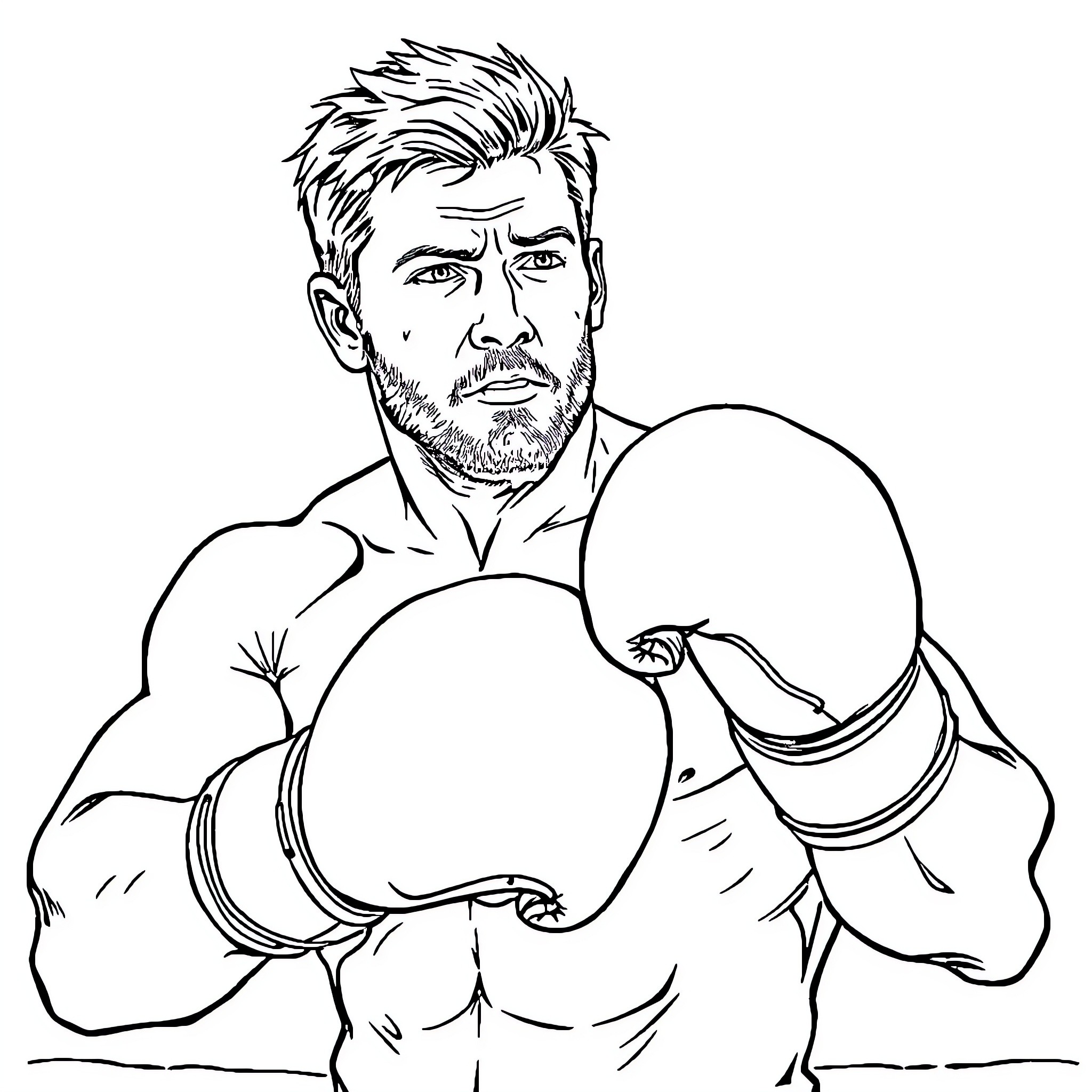 Chris Pratt as a muscular boxer in a fighting stance Coloring Page (free black-and-white line drawing printable PDF for all, from beginners to advanced learners, including children, teens, adults, and seniors)
