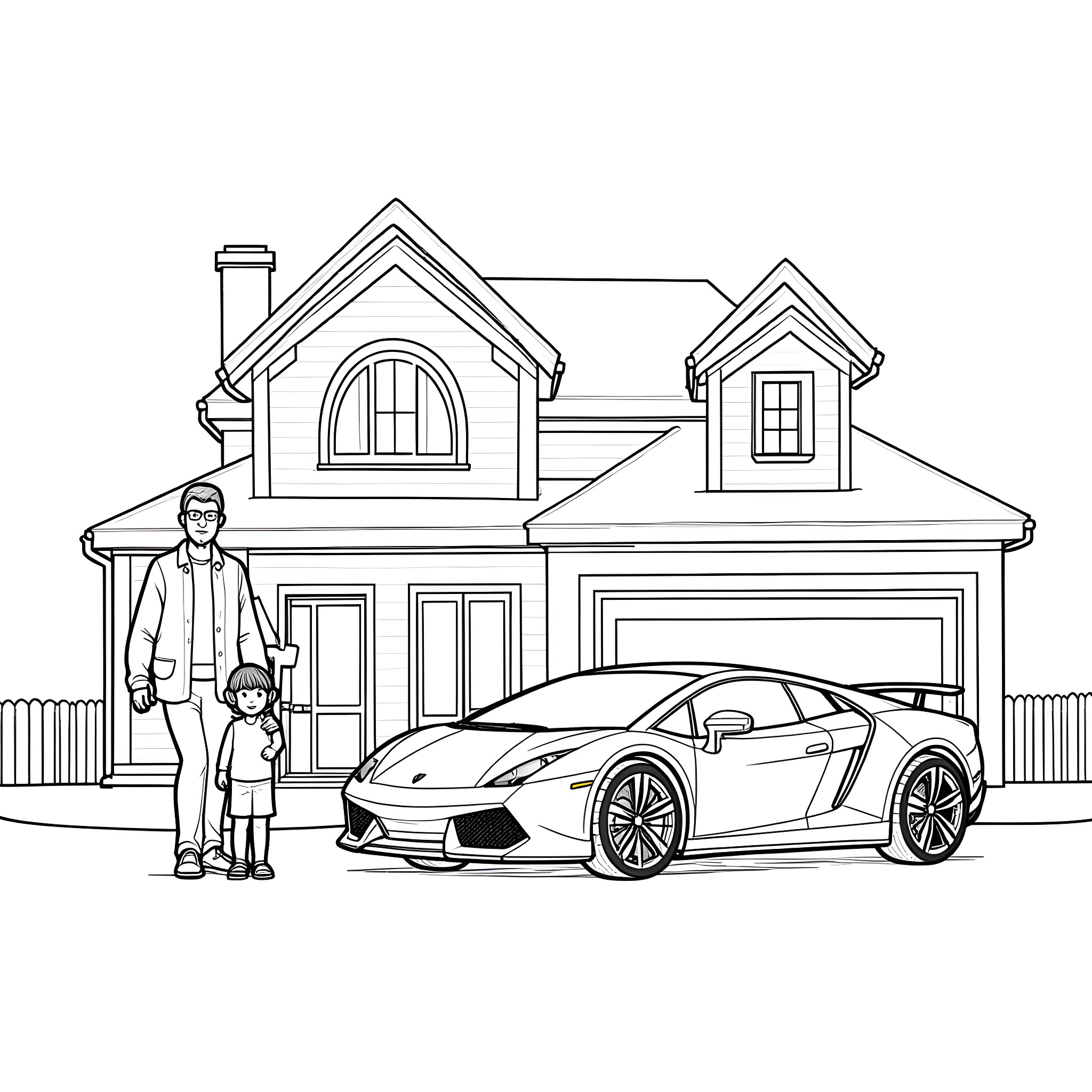 House with Family and Luxury Car Coloring Page (free black-and-white line drawing printable PDF for all, from beginners to advanced learners, including children, teens, adults, and seniors)