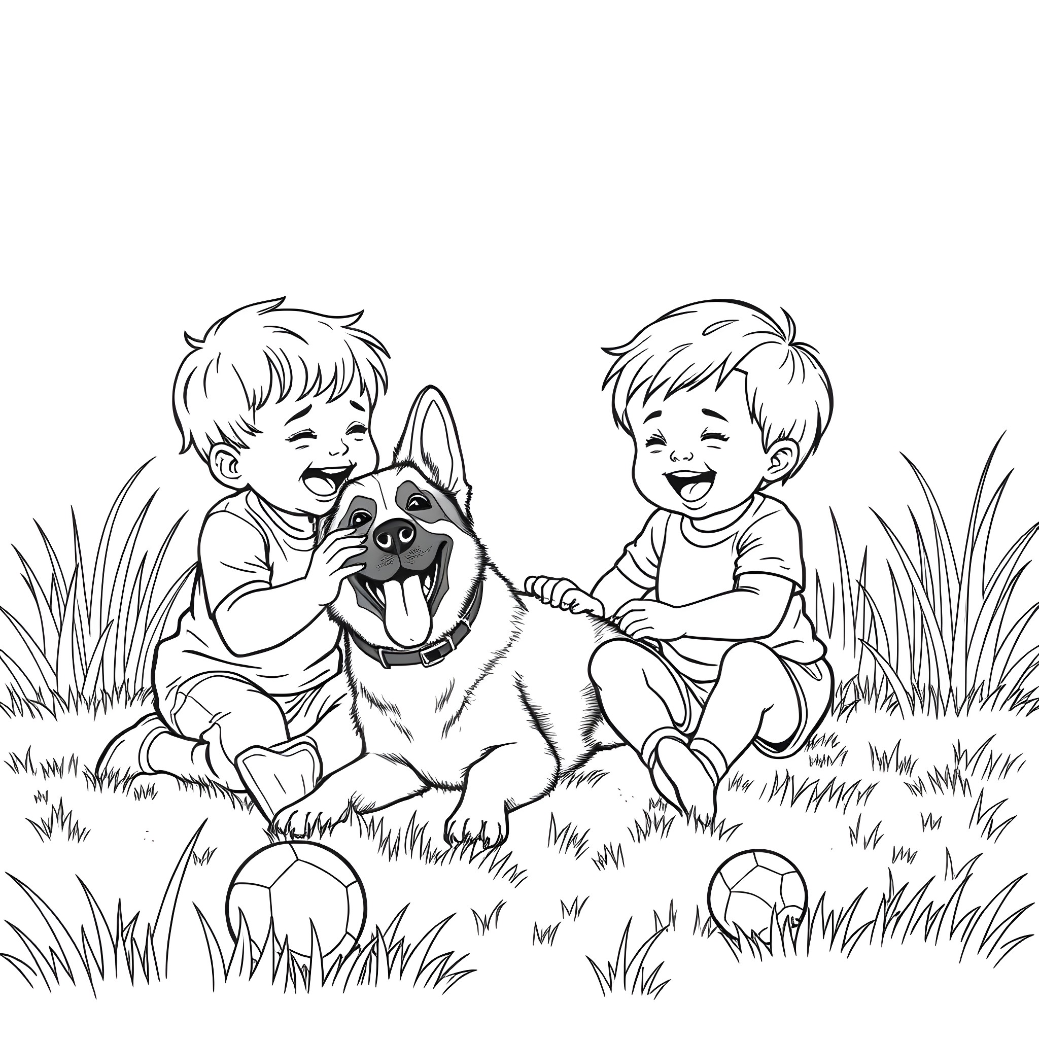 Boy and friend playing happily with dog in the meadow Coloring Page (free black-and-white line drawing printable PDF for all, from beginners to advanced learners, including children, teens, adults, and seniors)