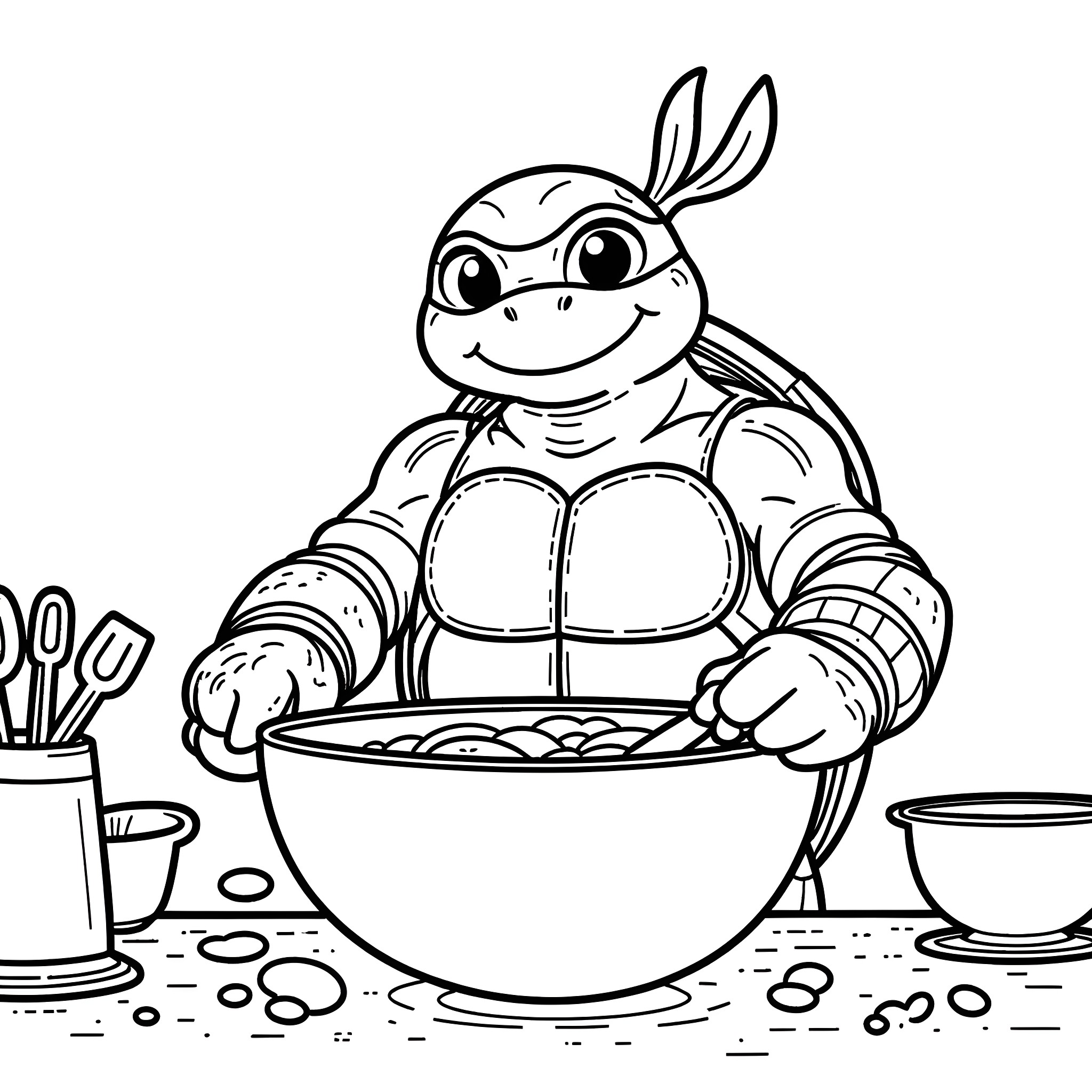 Ninja Turtle cooking in the kitchen Coloring Page (free black-and-white line drawing printable PDF for all, from beginners to advanced learners, including children, teens, adults, and seniors)