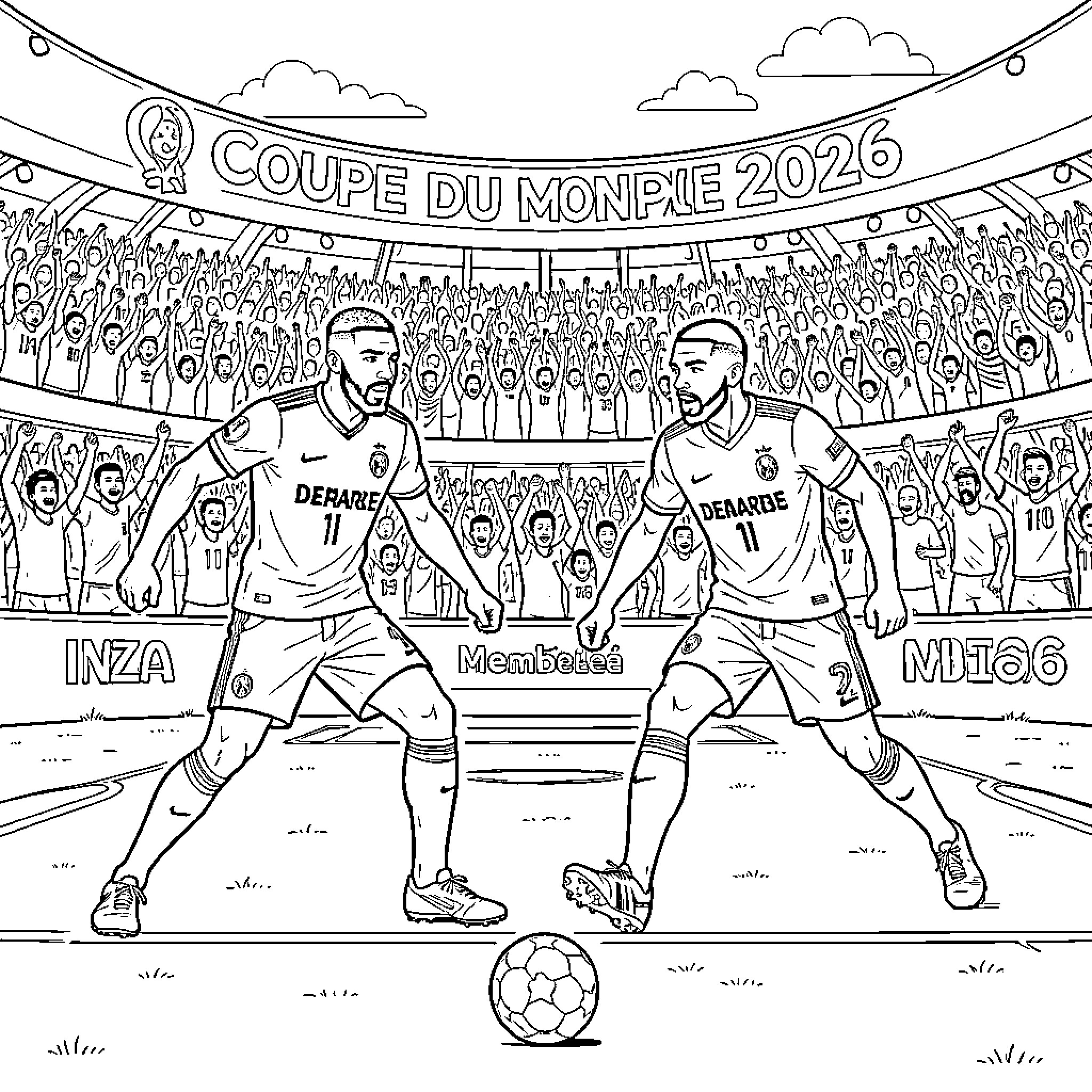 Mbappe competing intensely for the ball in a stadium Coloring Page (free black-and-white line drawing printable PDF for all, from beginners to advanced learners, including children, teens, adults, and seniors)