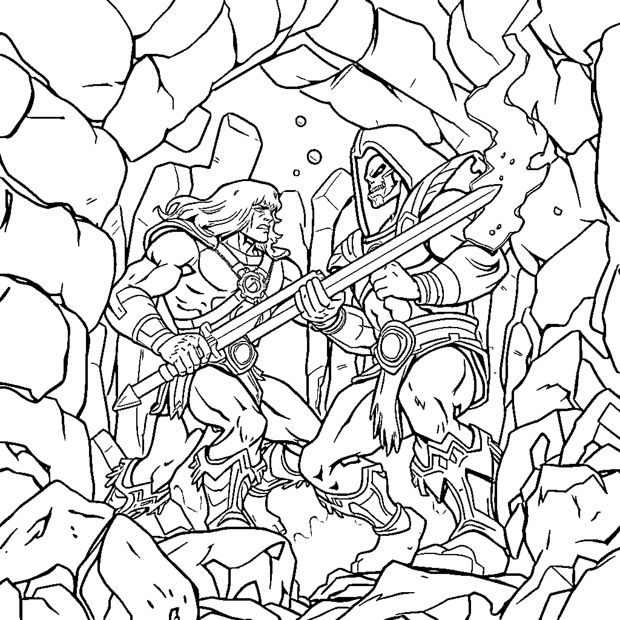 He-Man battles the forces of evil in a rugged landscape Coloring Page (free black-and-white line drawing printable PDF for all, from beginners to advanced learners, including children, teens, adults, and seniors)