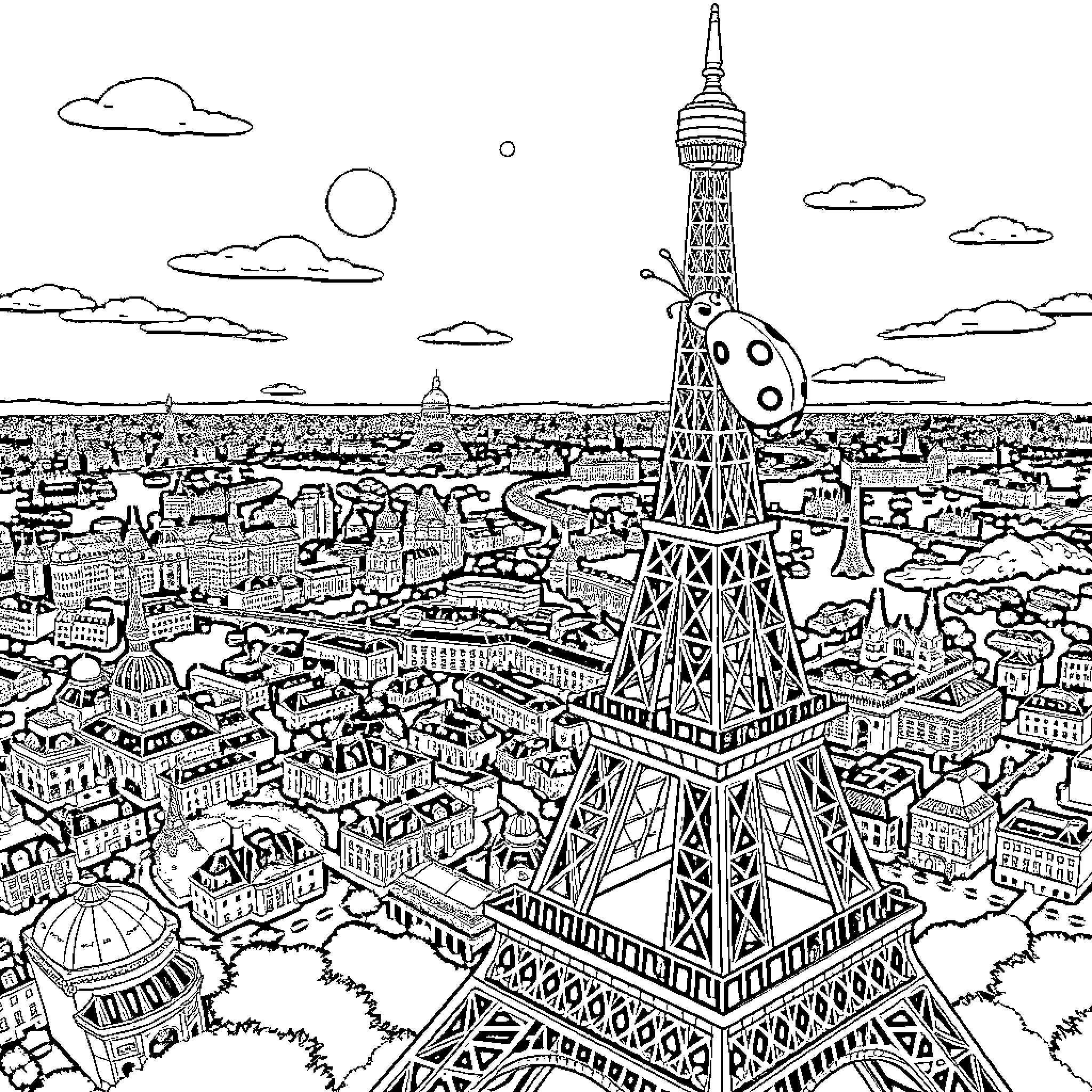 Ladybug exploring the Parisian skyline Coloring Page (free black-and-white line drawing printable PDF for all, from beginners to advanced learners, including children, teens, adults, and seniors)