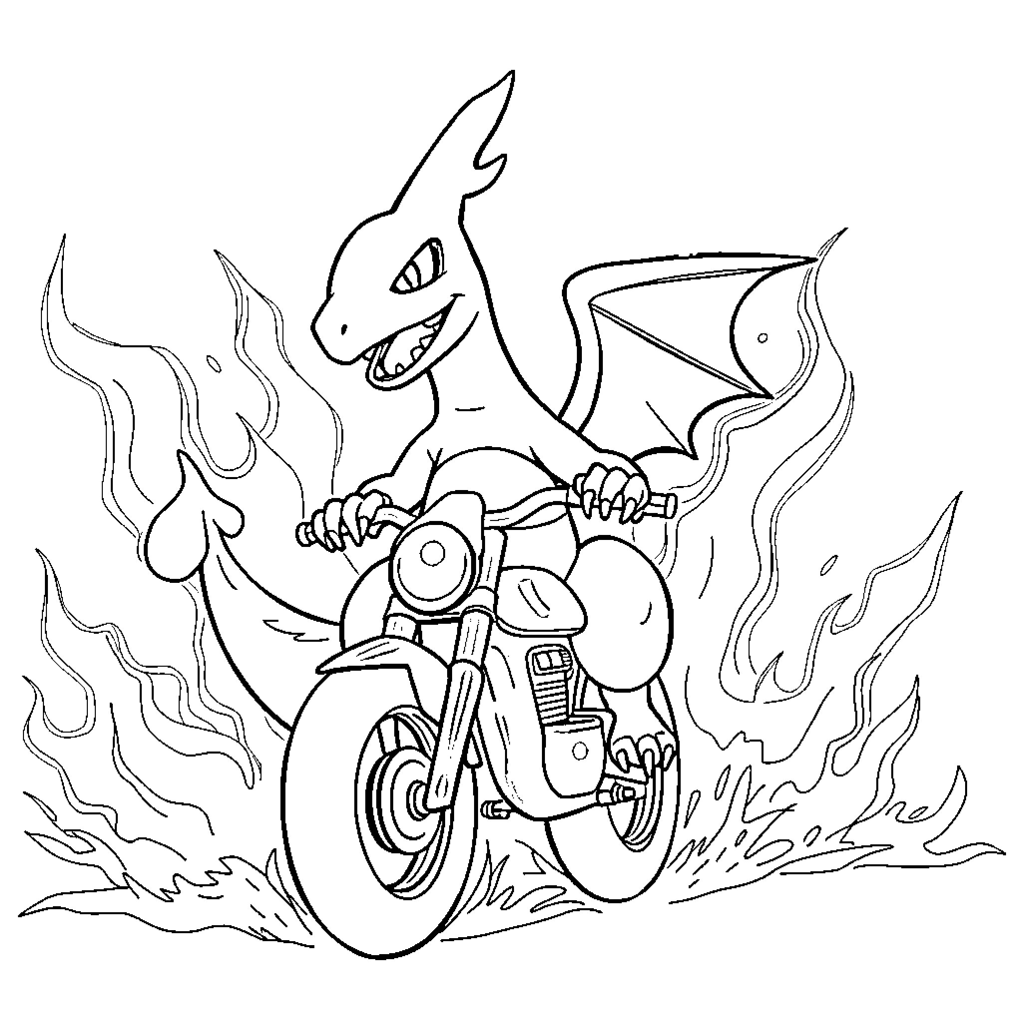 Charizard riding a motorcycle through fire Coloring Page (free black-and-white line drawing printable PDF for all, from beginners to advanced learners, including children, teens, adults, and seniors)