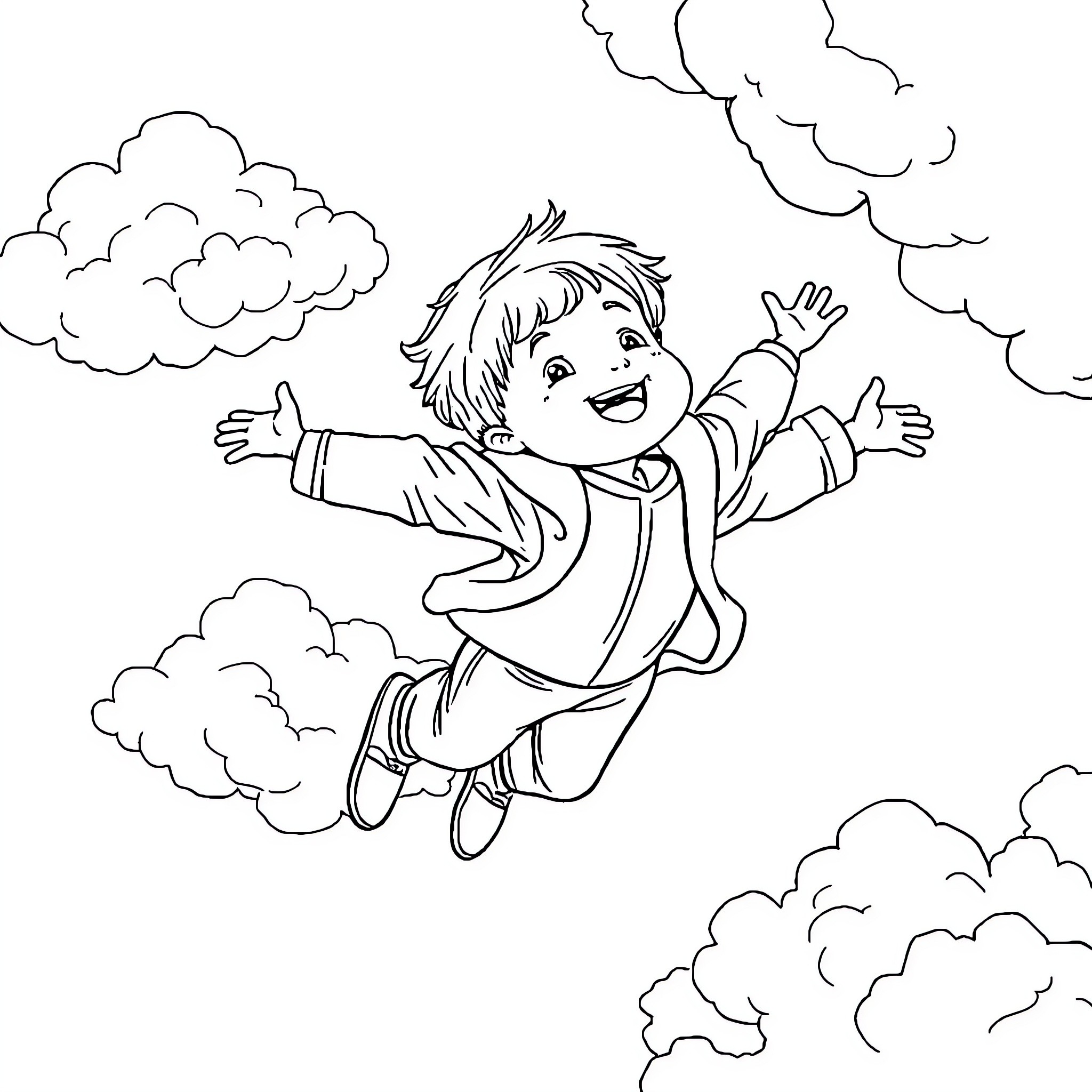 Child joyfully jumping among clouds Coloring Page (free black-and-white line drawing printable PDF for all, from beginners to advanced learners, including children, teens, adults, and seniors)
