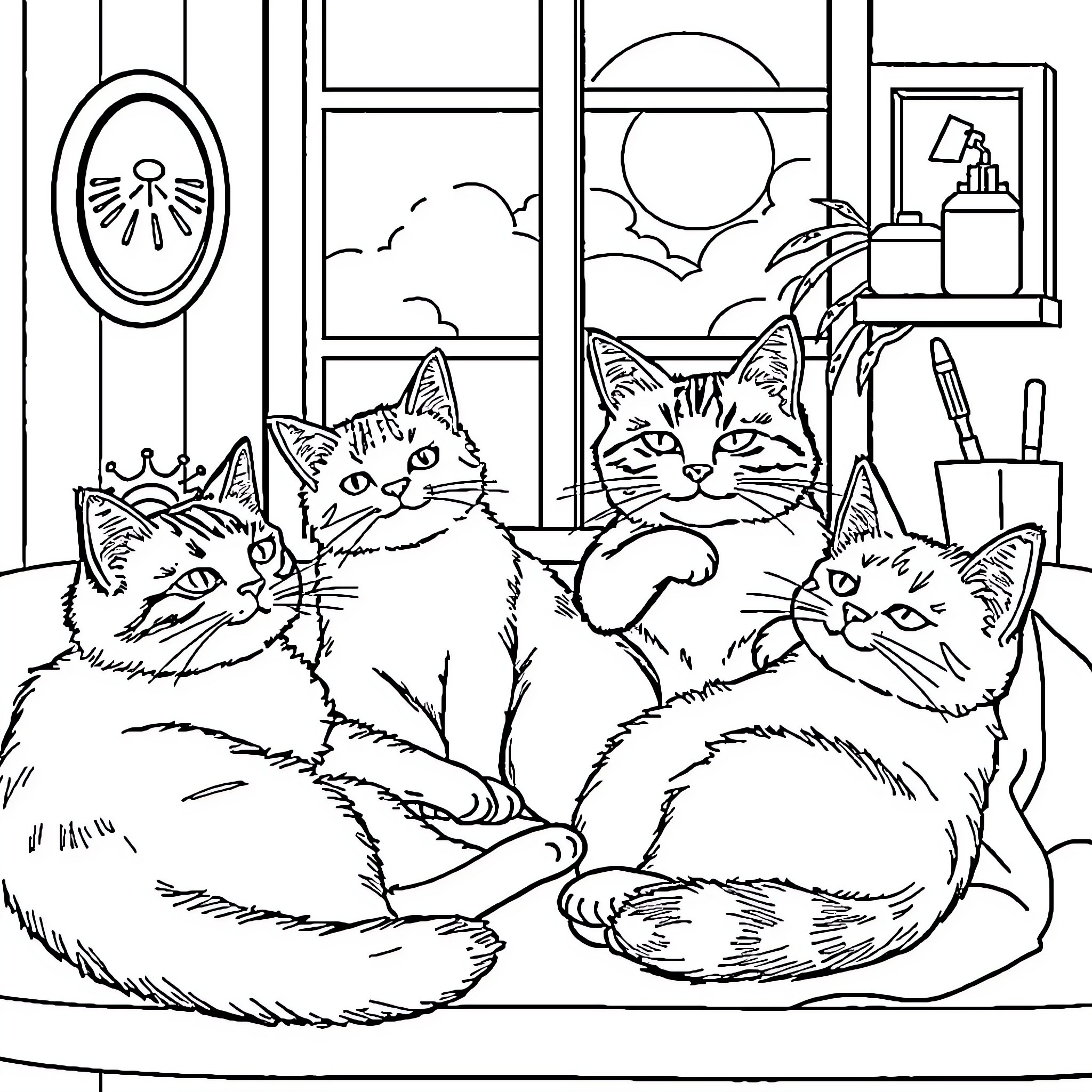 Cat group relaxing in cozy home Coloring Page (free black-and-white line drawing printable PDF for all, from beginners to advanced learners, including children, teens, adults, and seniors)