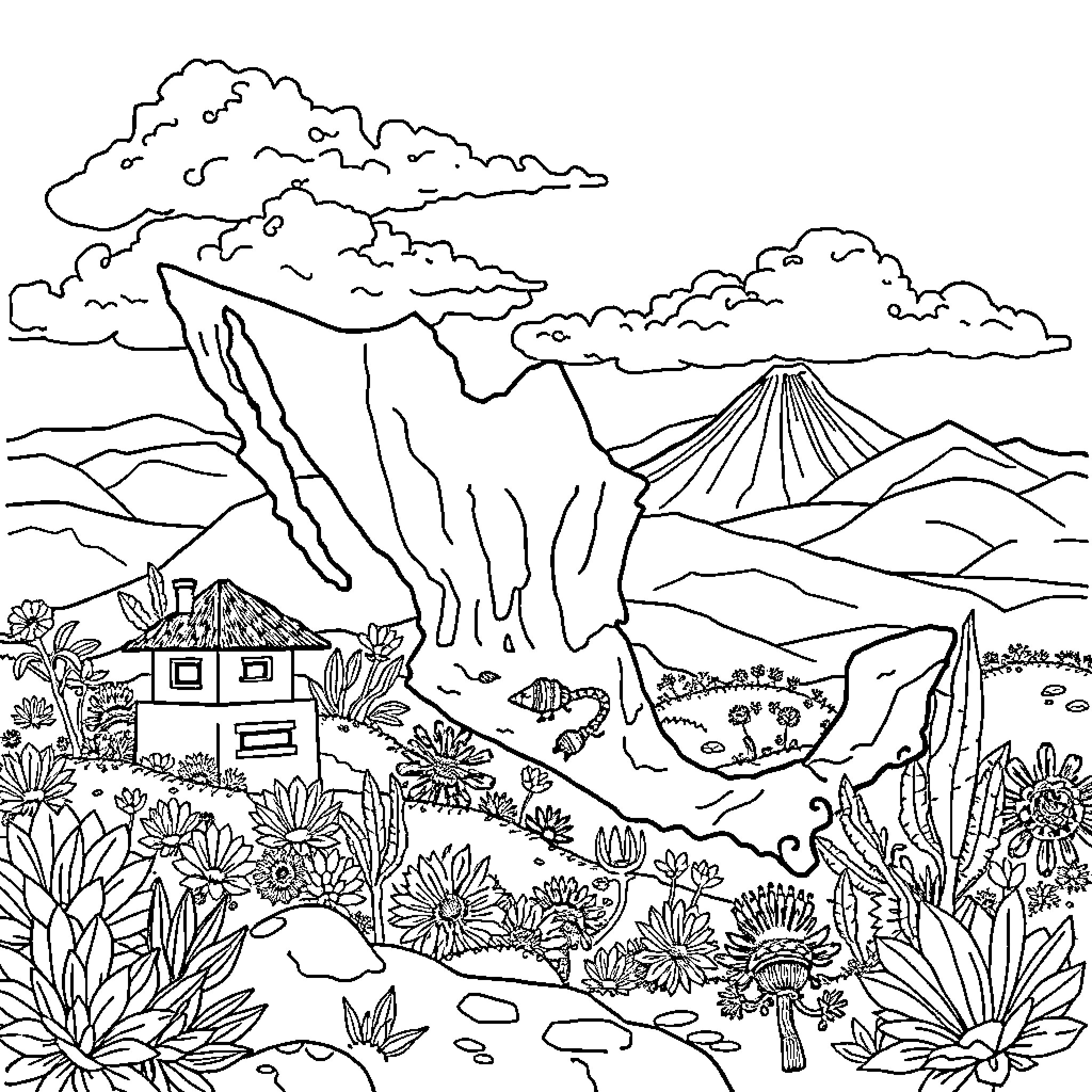 Mexico's Scenic Landscape with Mountains and Clouds Coloring Page (free black-and-white line drawing printable PDF for all, from beginners to advanced learners, including children, teens, adults, and seniors)