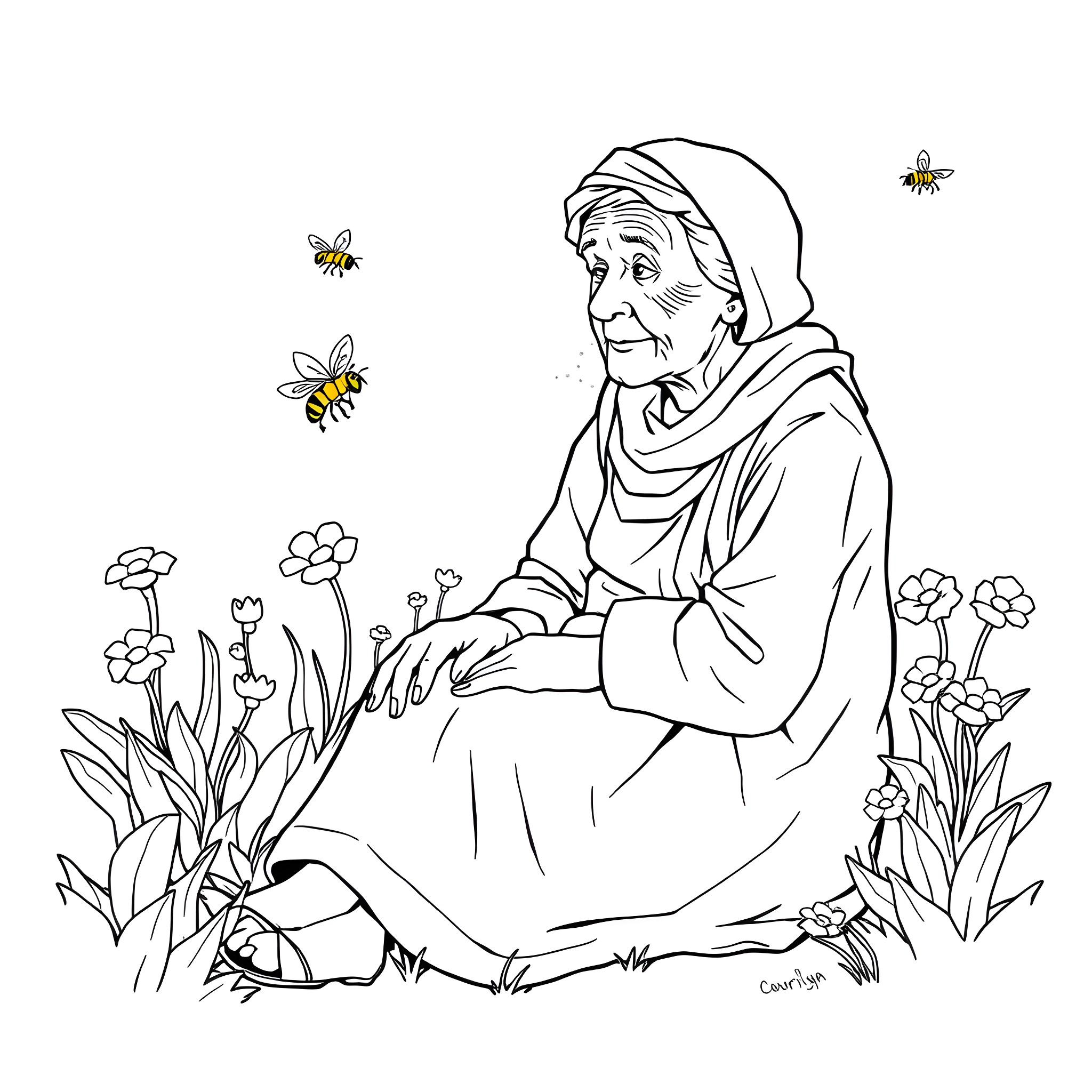 Mommy tending to her garden with buzzing bees Coloring Page (free black-and-white line drawing printable PDF for all, from beginners to advanced learners, including children, teens, adults, and seniors)