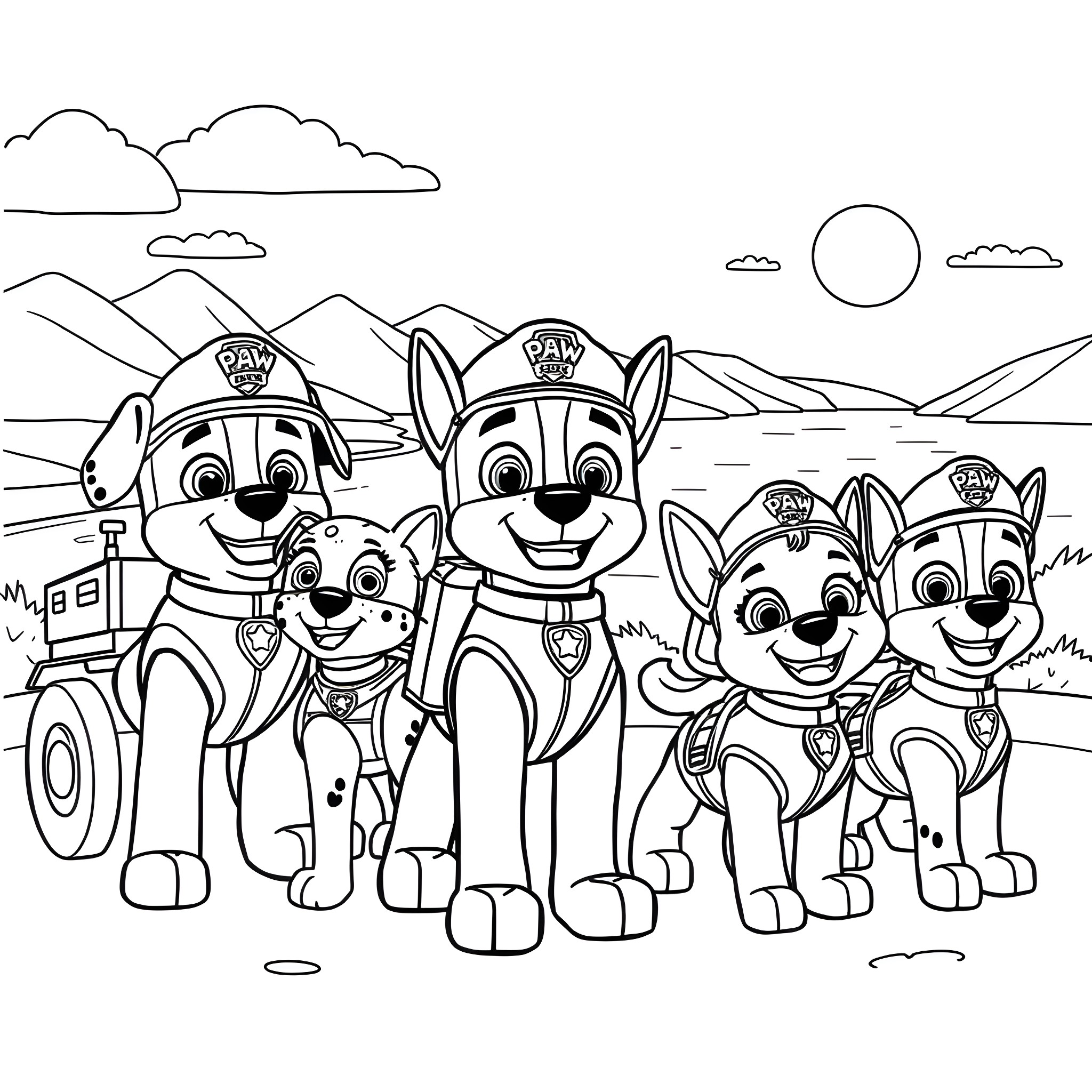 Paw Patrol team on patrol in the mountains Coloring Page (free black-and-white line drawing printable PDF for all, from beginners to advanced learners, including children, teens, adults, and seniors)