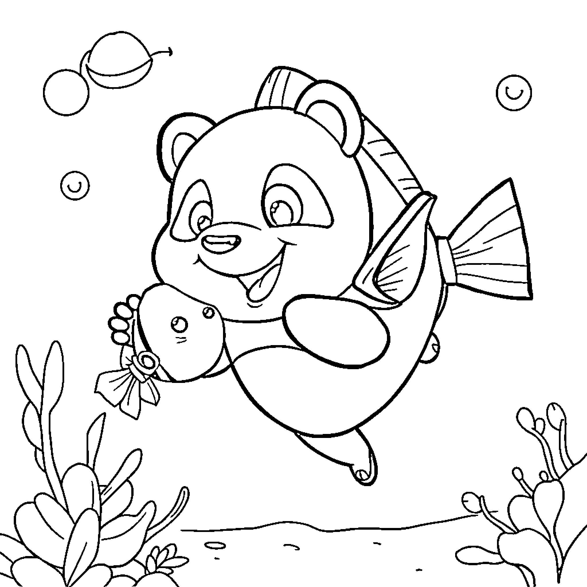 Panda swimming happily with fish in the ocean Coloring Page (free black-and-white line drawing printable PDF for all, from beginners to advanced learners, including children, teens, adults, and seniors)