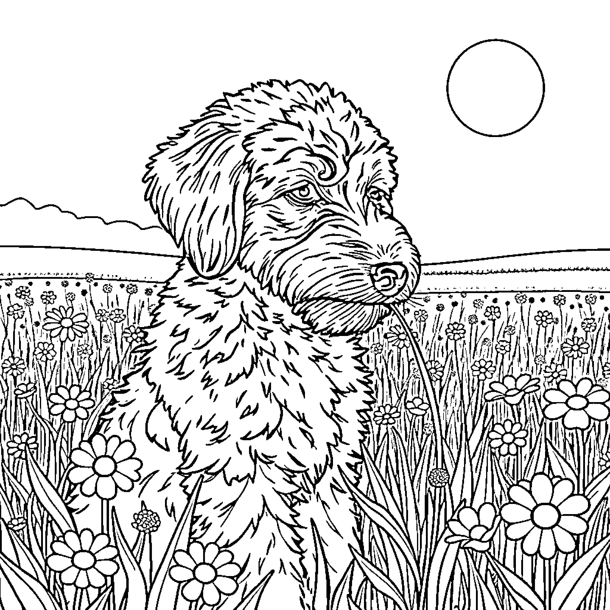 Labradoodle exploring a floral field Coloring Page (free black-and-white line drawing printable PDF for all, from beginners to advanced learners, including children, teens, adults, and seniors)