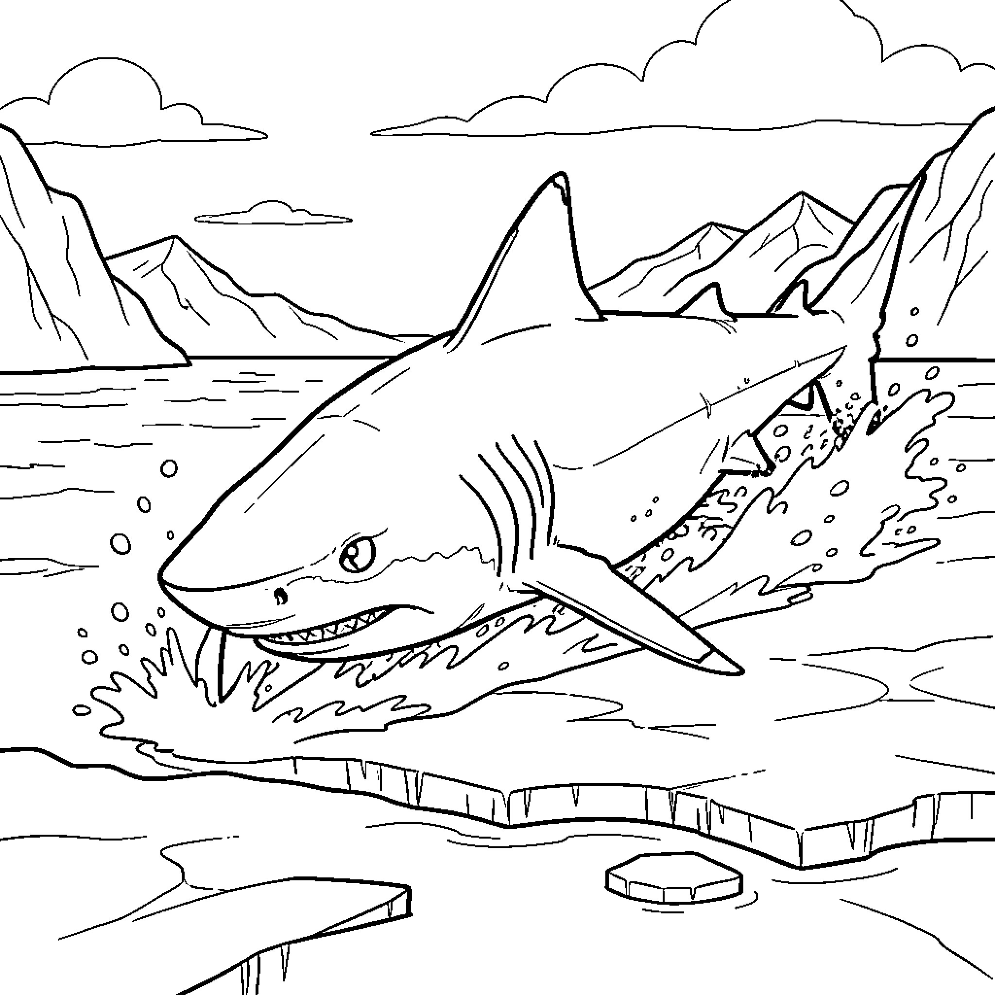 Shark jumping out of the water near icy mountains Coloring Page (free black-and-white line drawing printable PDF for all, from beginners to advanced learners, including children, teens, adults, and seniors)