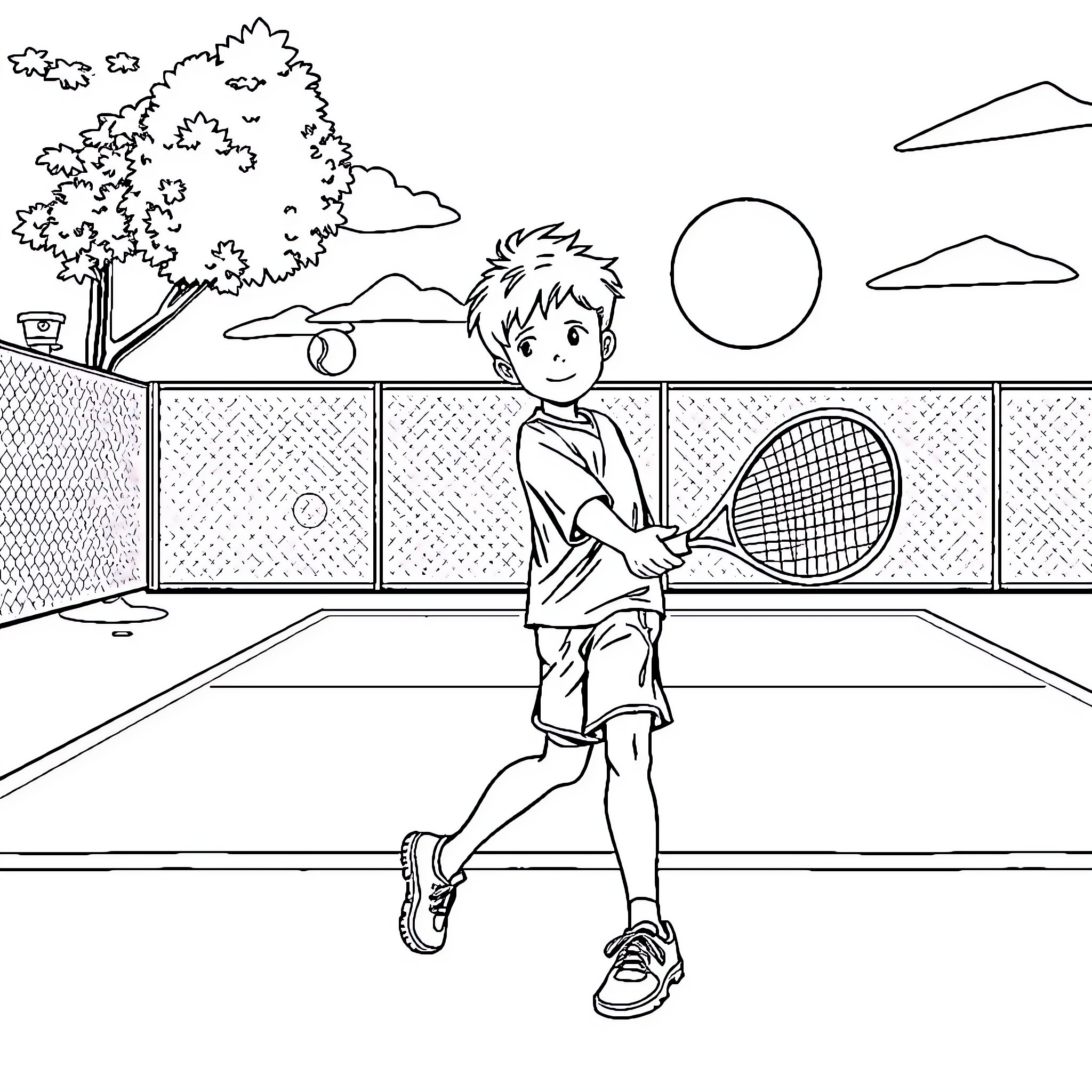Boy playing tennis on the court Coloring Page (free black-and-white line drawing printable PDF for all, from beginners to advanced learners, including children, teens, adults, and seniors)