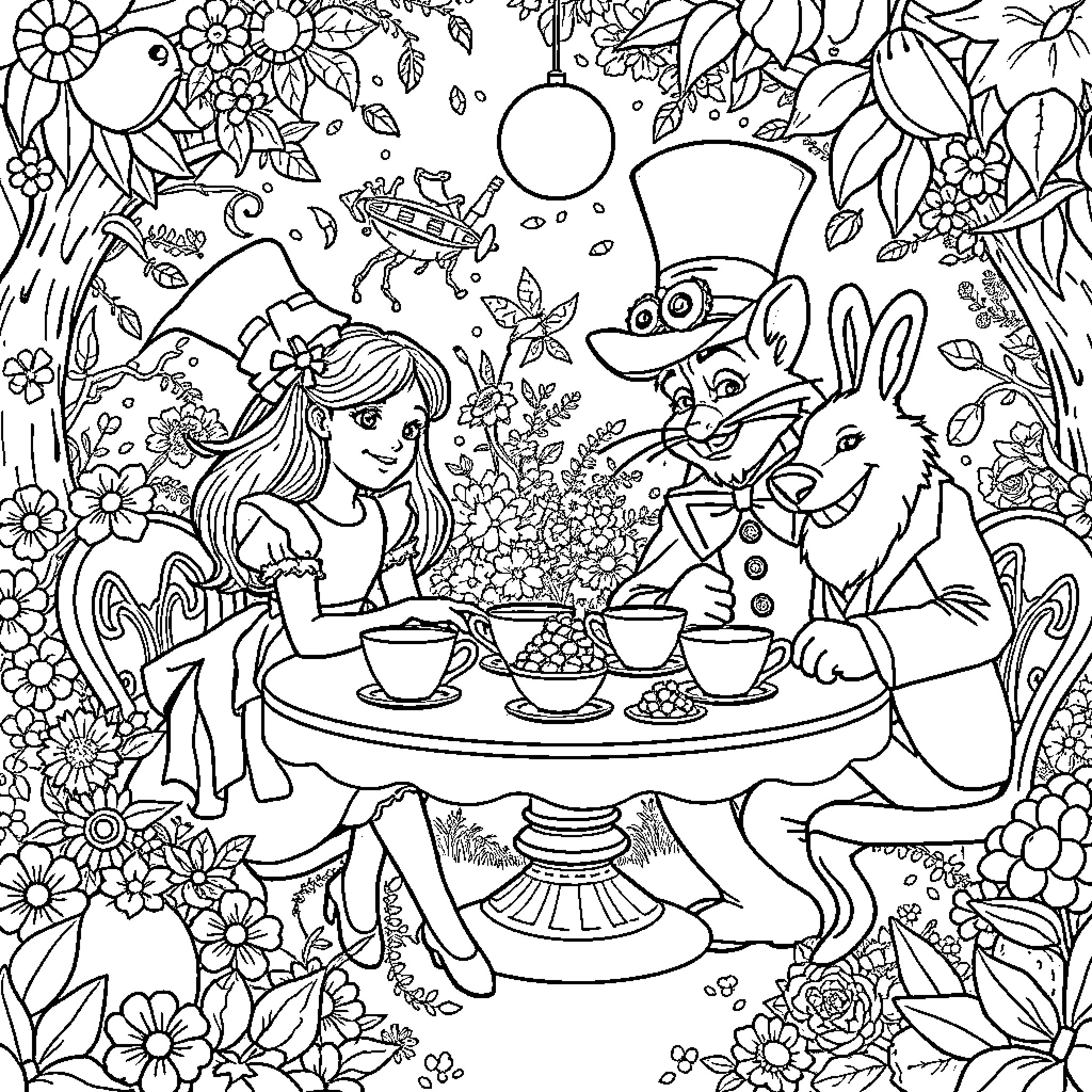 Alice's Whimsical Tea Party with Friends Coloring Page (free black-and-white line drawing printable PDF for all, from beginners to advanced learners, including children, teens, adults, and seniors)