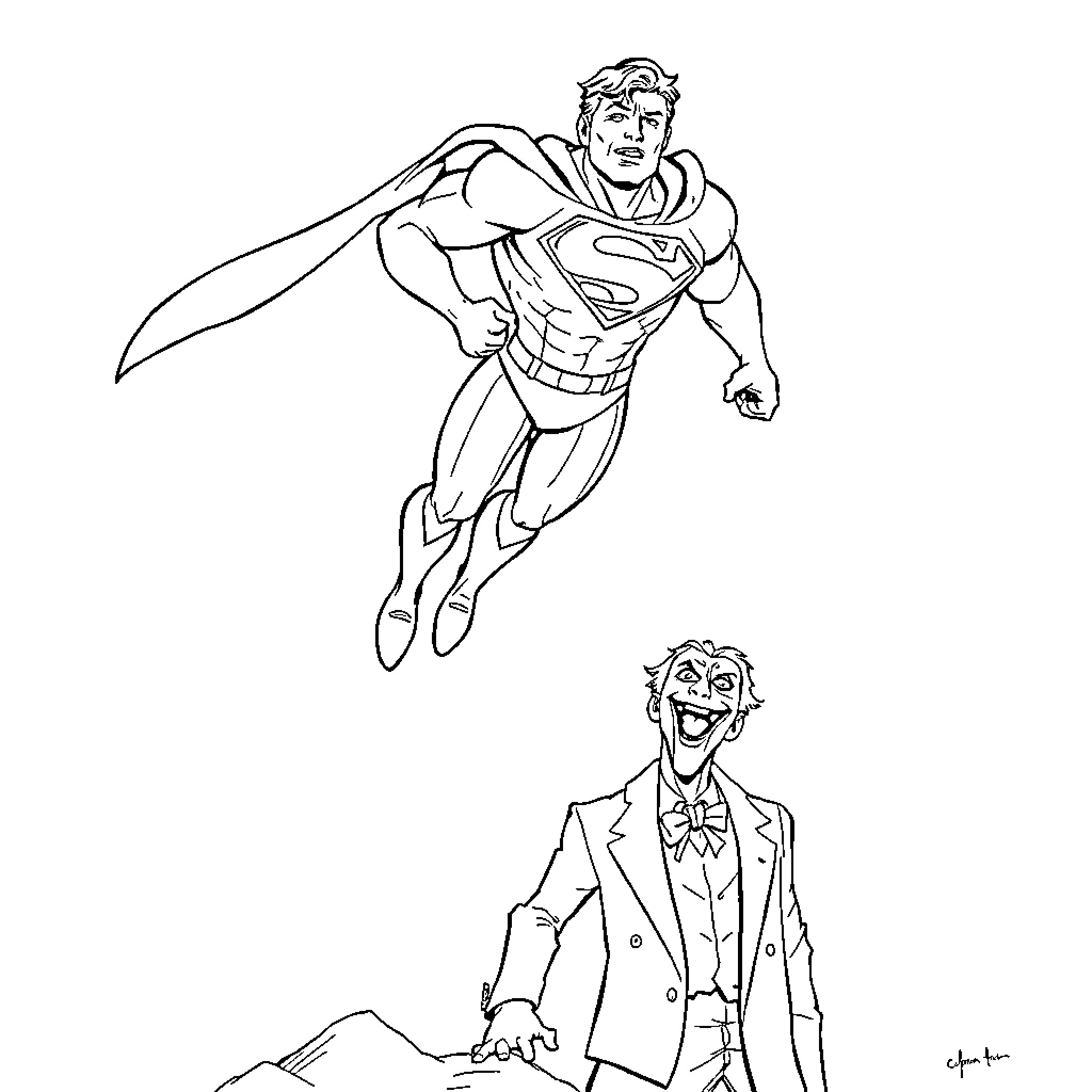 Superman in heroic pose and villainous character Coloring Page (free black-and-white line drawing printable PDF for all, from beginners to advanced learners, including children, teens, adults, and seniors)