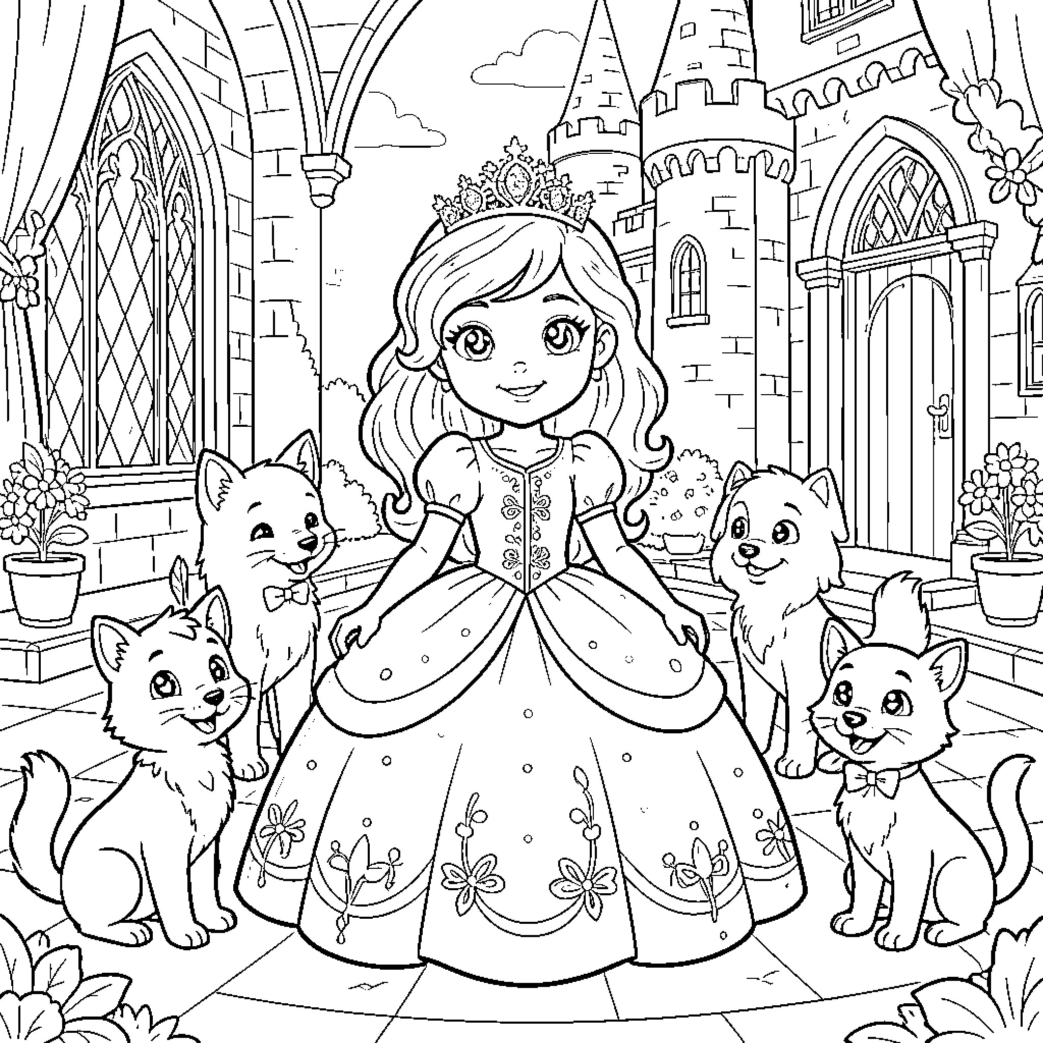 Sofia's Magical Castle Adventure with Loyal Companions Coloring Page (free black-and-white line drawing printable PDF for all, from beginners to advanced learners, including children, teens, adults, and seniors)