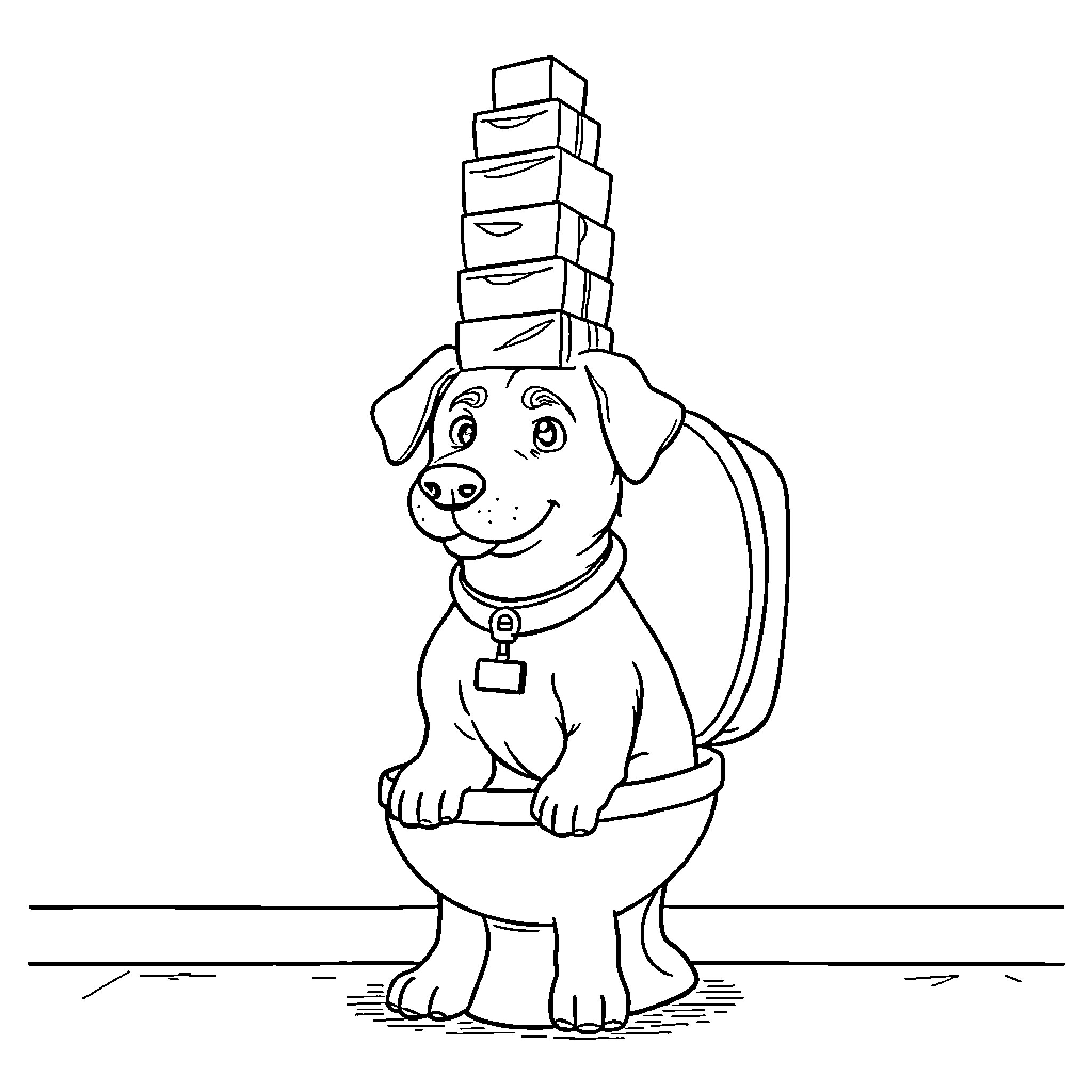 Heel-adorned Pup's Playful Pose Coloring Page (free black-and-white line drawing printable PDF for all, from beginners to advanced learners, including children, teens, adults, and seniors)