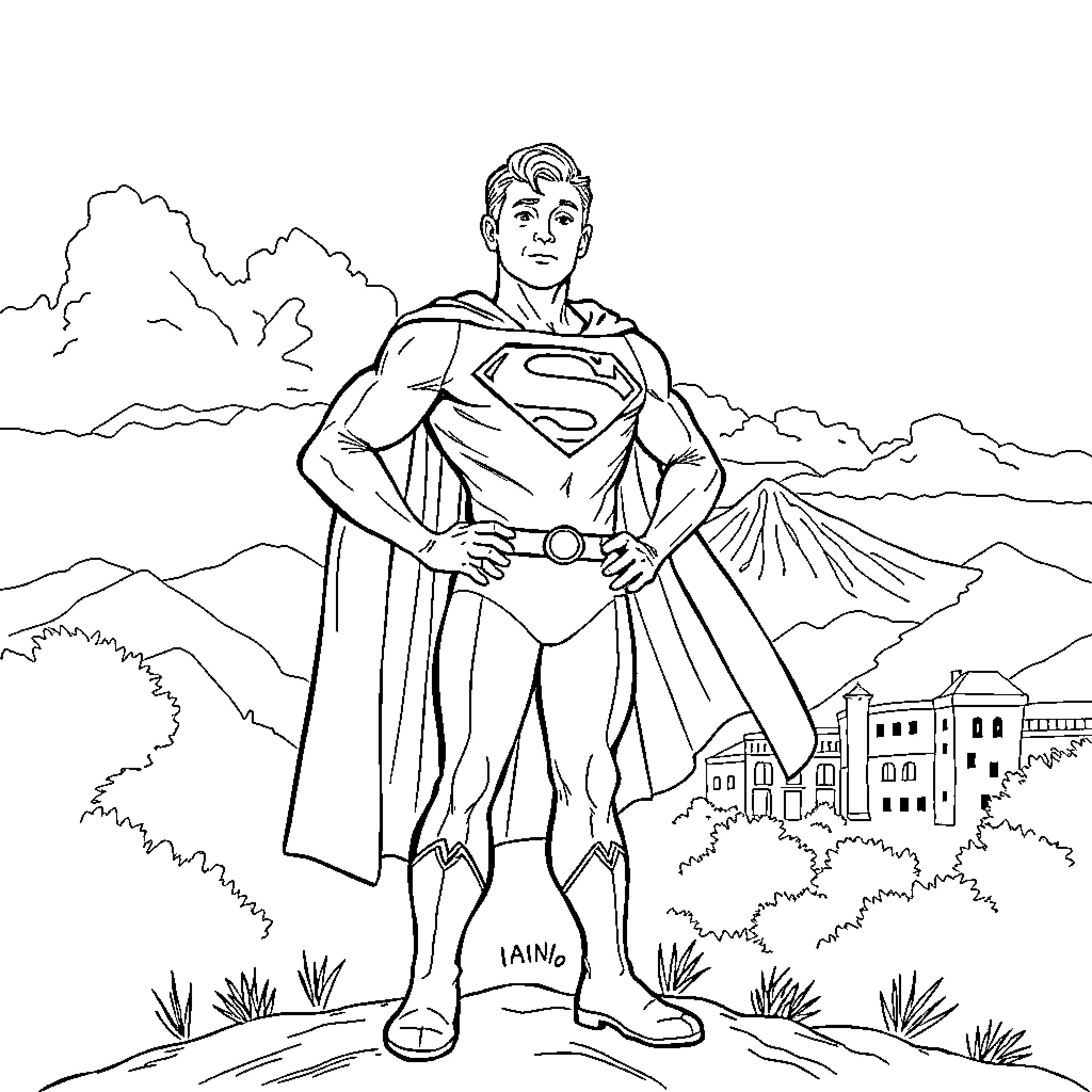 Ian, the heroic superhero, stands tall in the landscape Coloring Page (free black-and-white line drawing printable PDF for all, from beginners to advanced learners, including children, teens, adults, and seniors)