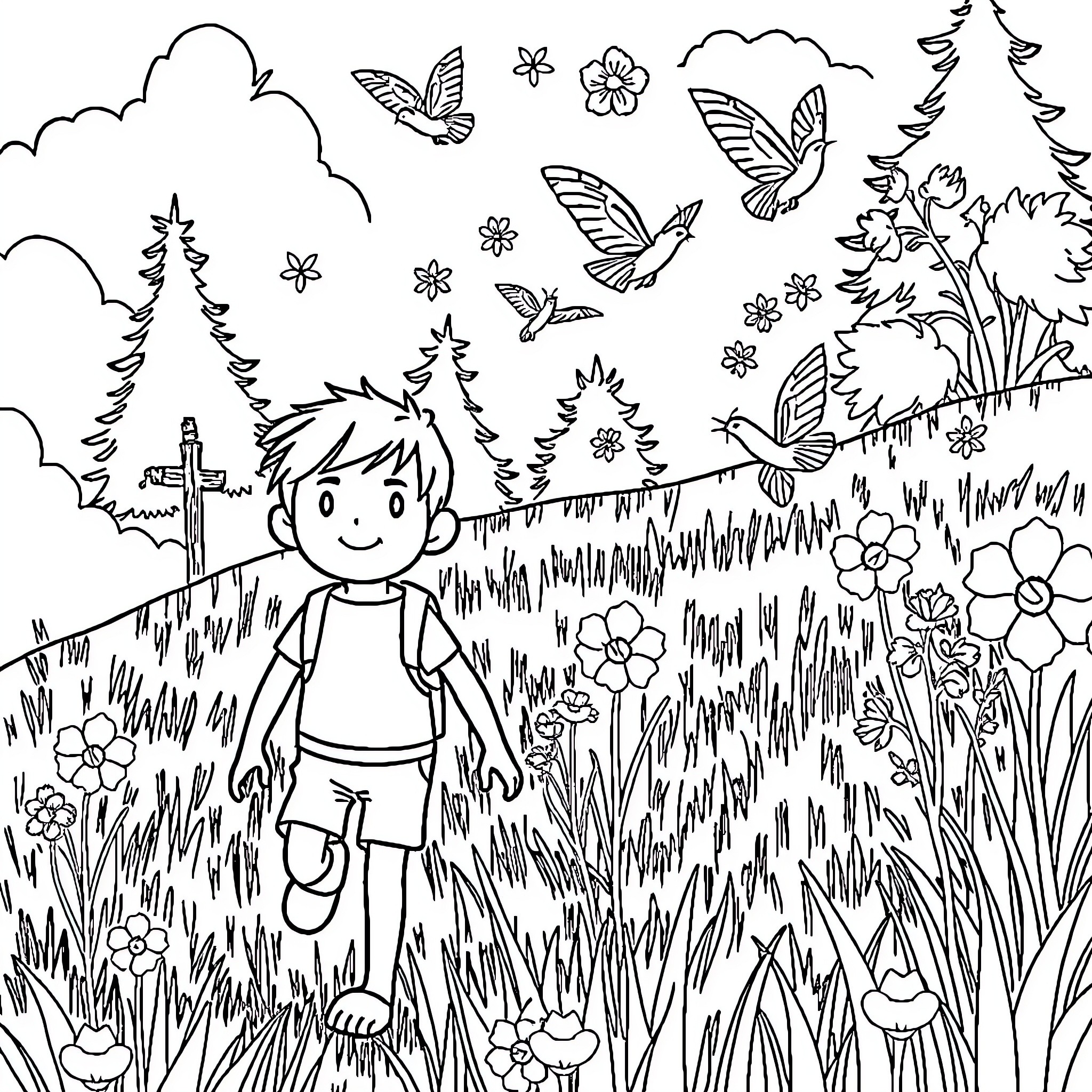 Finn exploring the enchanting forest Coloring Page (free black-and-white line drawing printable PDF for all, from beginners to advanced learners, including children, teens, adults, and seniors)