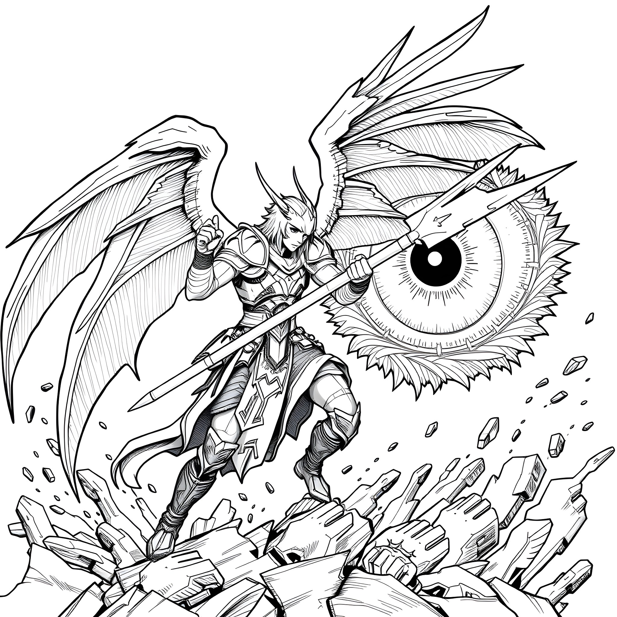Fighter with Powerful Wings and Mystical Eye Coloring Page (free black-and-white line drawing printable PDF for all, from beginners to advanced learners, including children, teens, adults, and seniors)