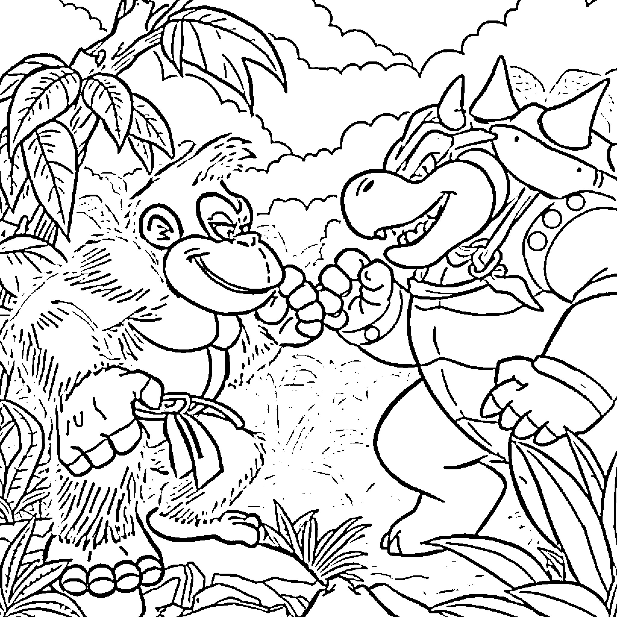 Donkey Kong and Dinosaurs Adventure in the Jungle Coloring Page (free black-and-white line drawing printable PDF for all, from beginners to advanced learners, including children, teens, adults, and seniors)
