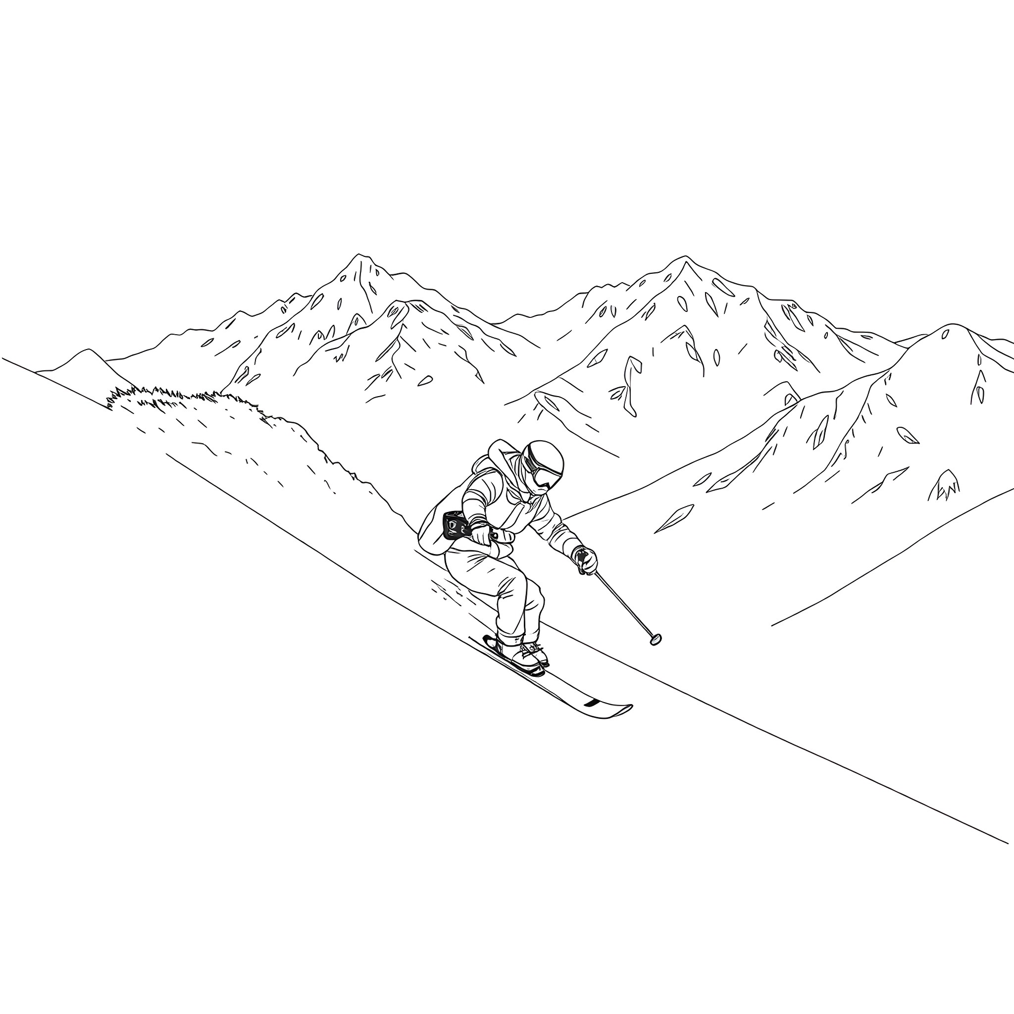 Betamax skier gliding down the snowy mountain slopes Coloring Page (free black-and-white line drawing printable PDF for all, from beginners to advanced learners, including children, teens, adults, and seniors)