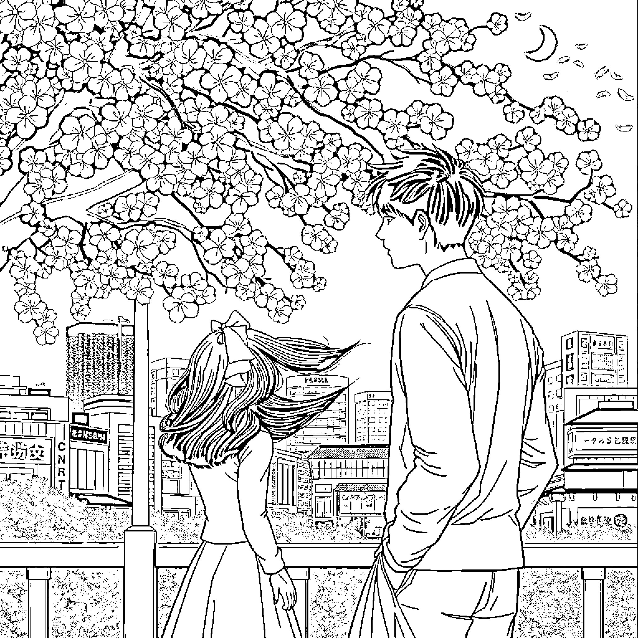 K Drama Romantic Couple Under Cherry Blossoms Coloring Page (free black-and-white line drawing printable PDF for all, from beginners to advanced learners, including children, teens, adults, and seniors)