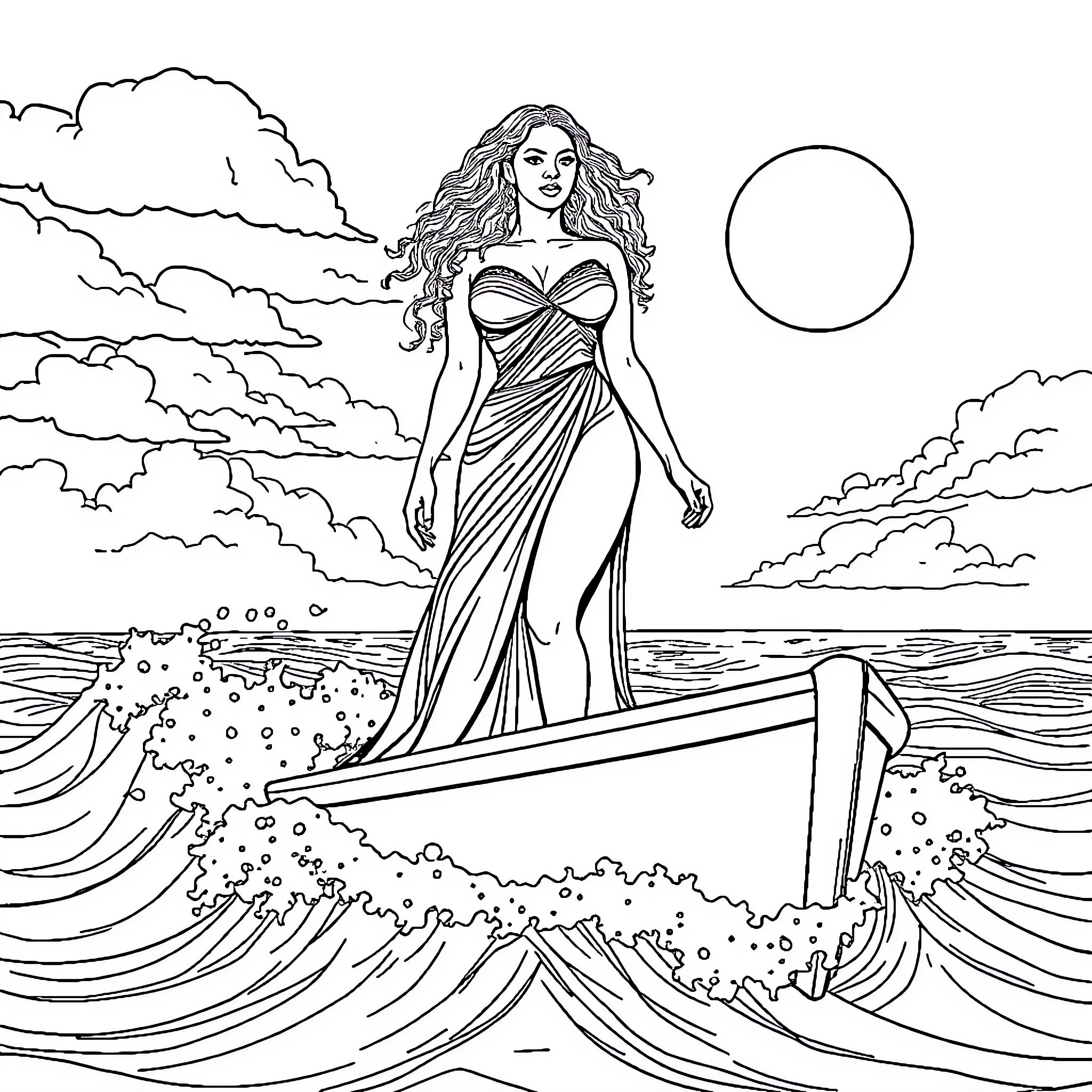 Beyonce's Majestic Presence on the Surging Waves Coloring Page (free black-and-white line drawing printable PDF for all, from beginners to advanced learners, including children, teens, adults, and seniors)