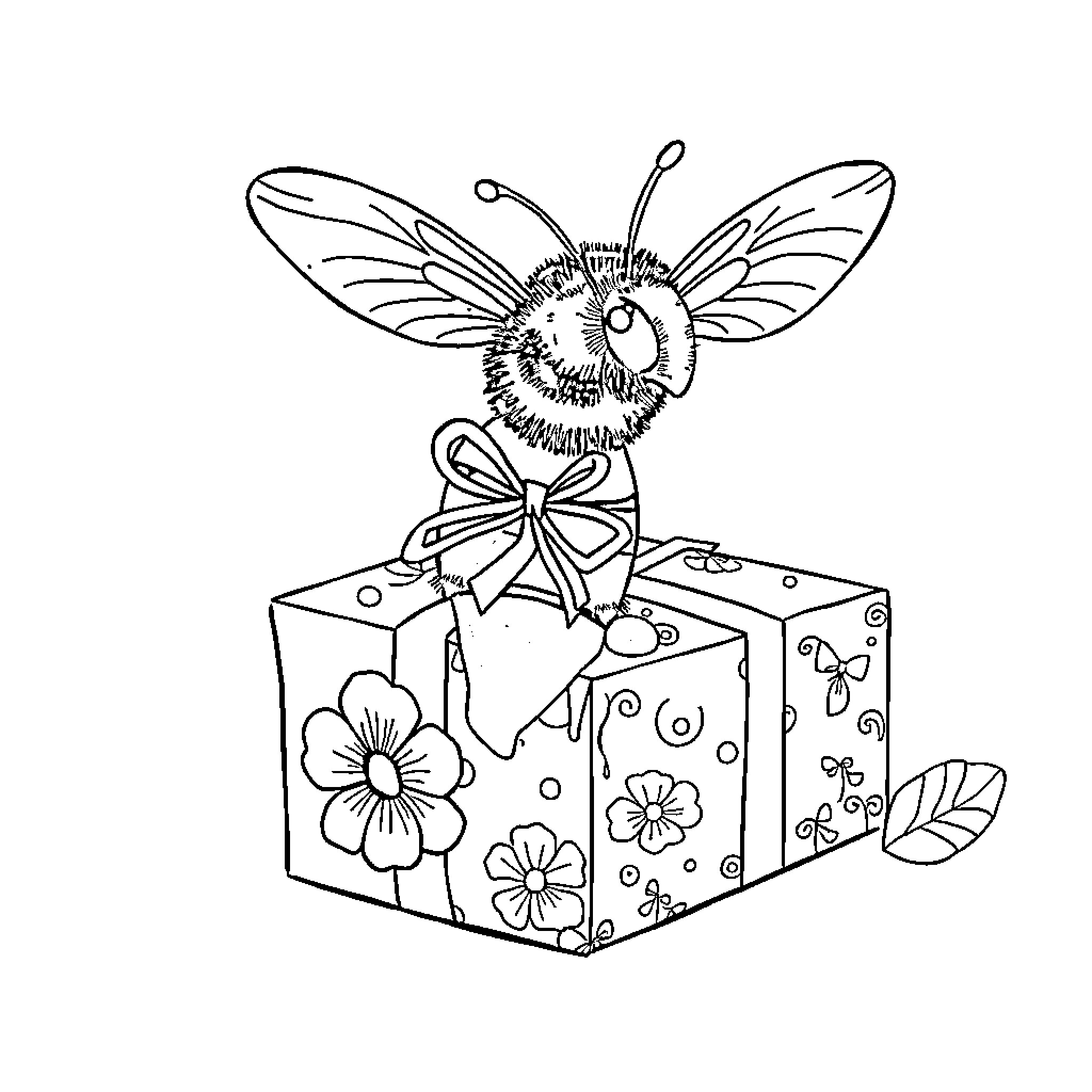 Bee perched atop a floral gift box Coloring Page (free black-and-white line drawing printable PDF for all, from beginners to advanced learners, including children, teens, adults, and seniors)