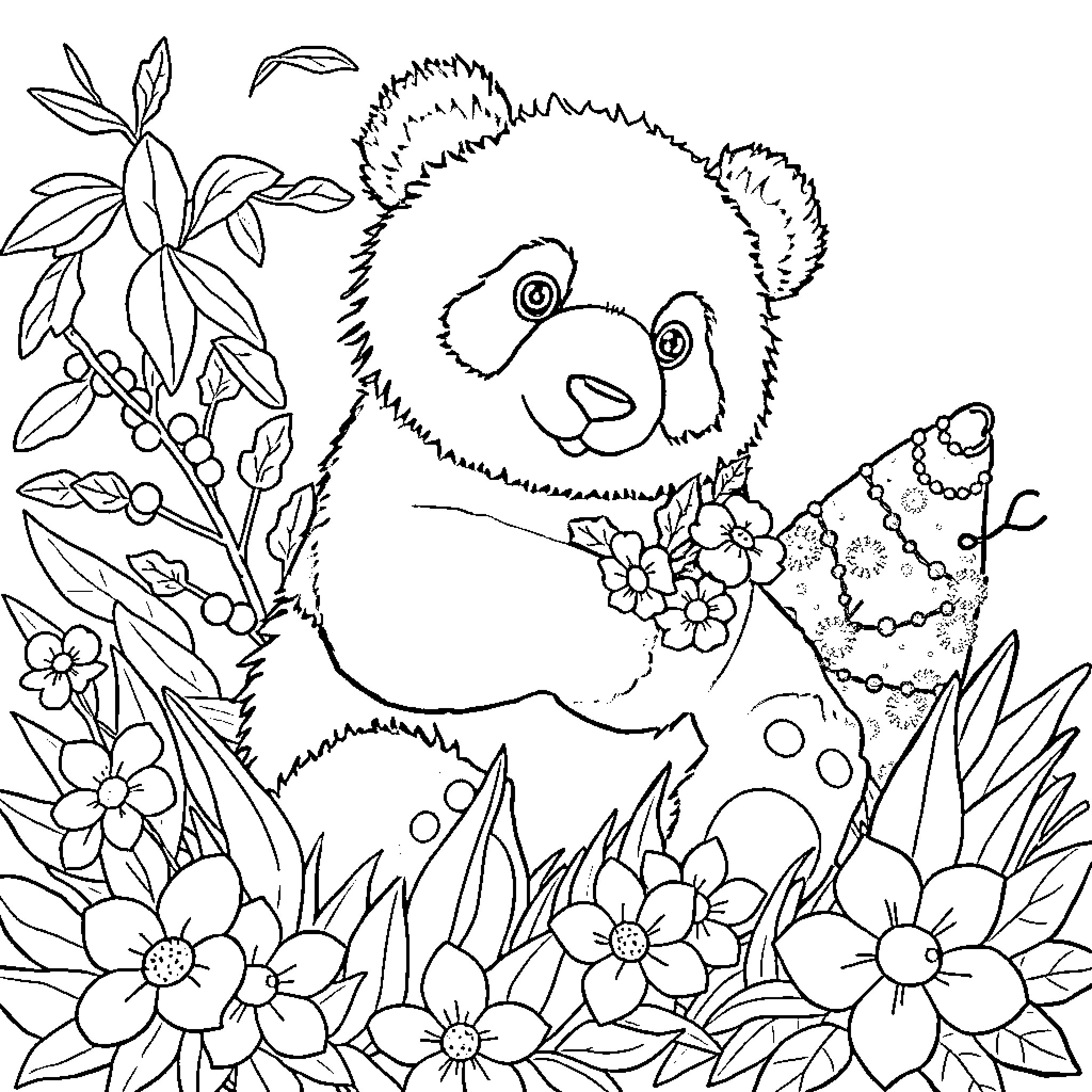 Panda surrounded by flowers in natural setting Coloring Page (free black-and-white line drawing printable PDF for all, from beginners to advanced learners, including children, teens, adults, and seniors)