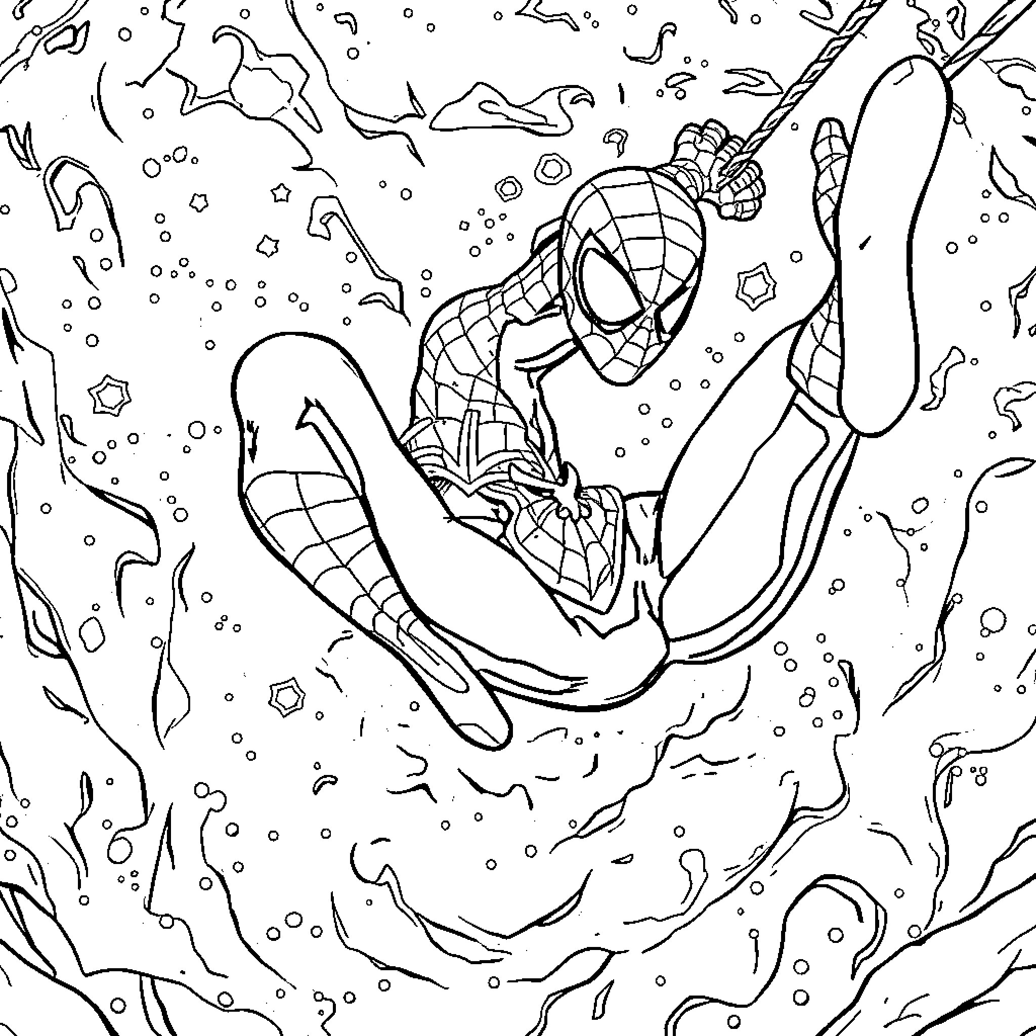 Spiderman swinging through the city with webs Coloring Page (free black-and-white line drawing printable PDF for all, from beginners to advanced learners, including children, teens, adults, and seniors)