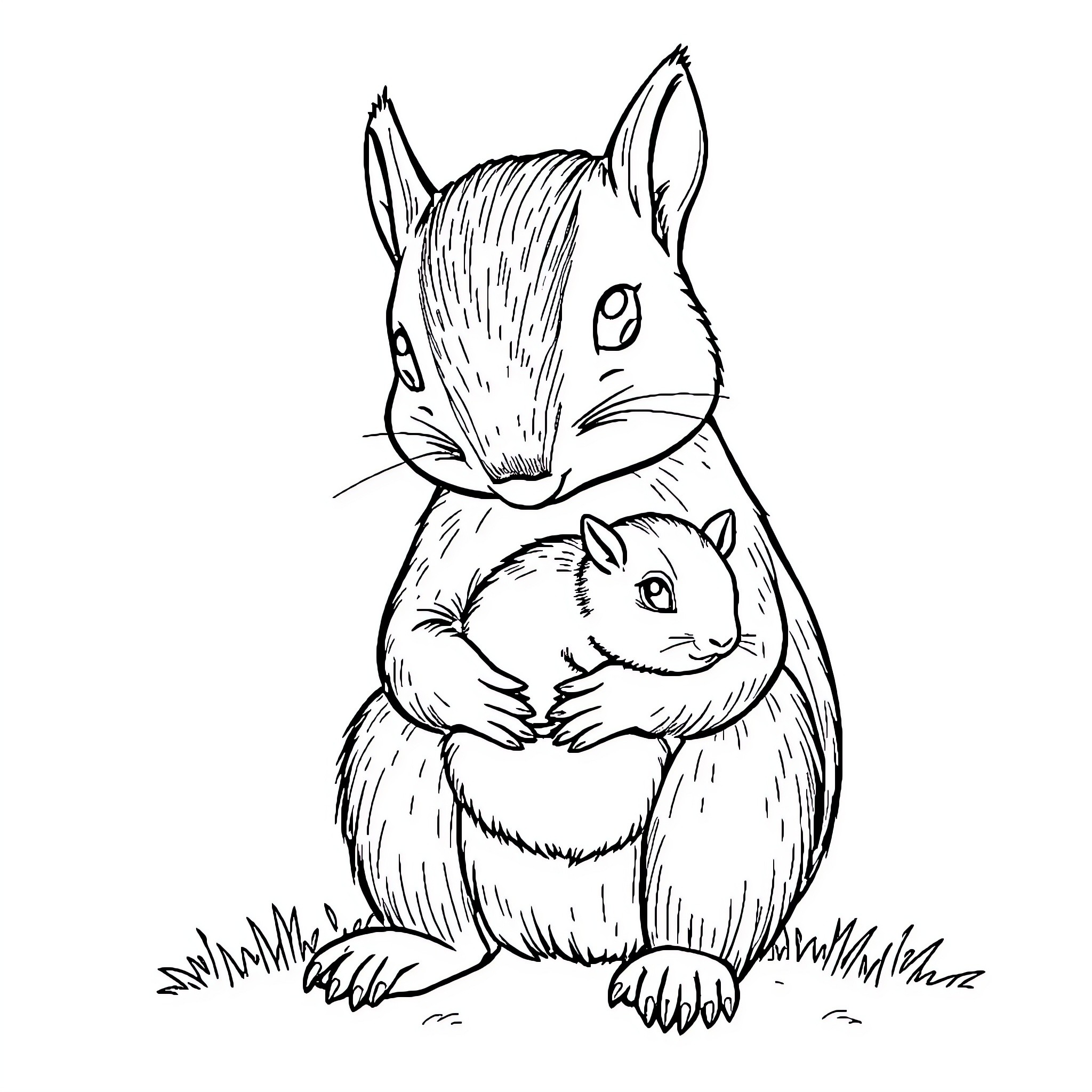Squirrel caring for its young in the wild Coloring Page (free black-and-white line drawing printable PDF for all, from beginners to advanced learners, including children, teens, adults, and seniors)