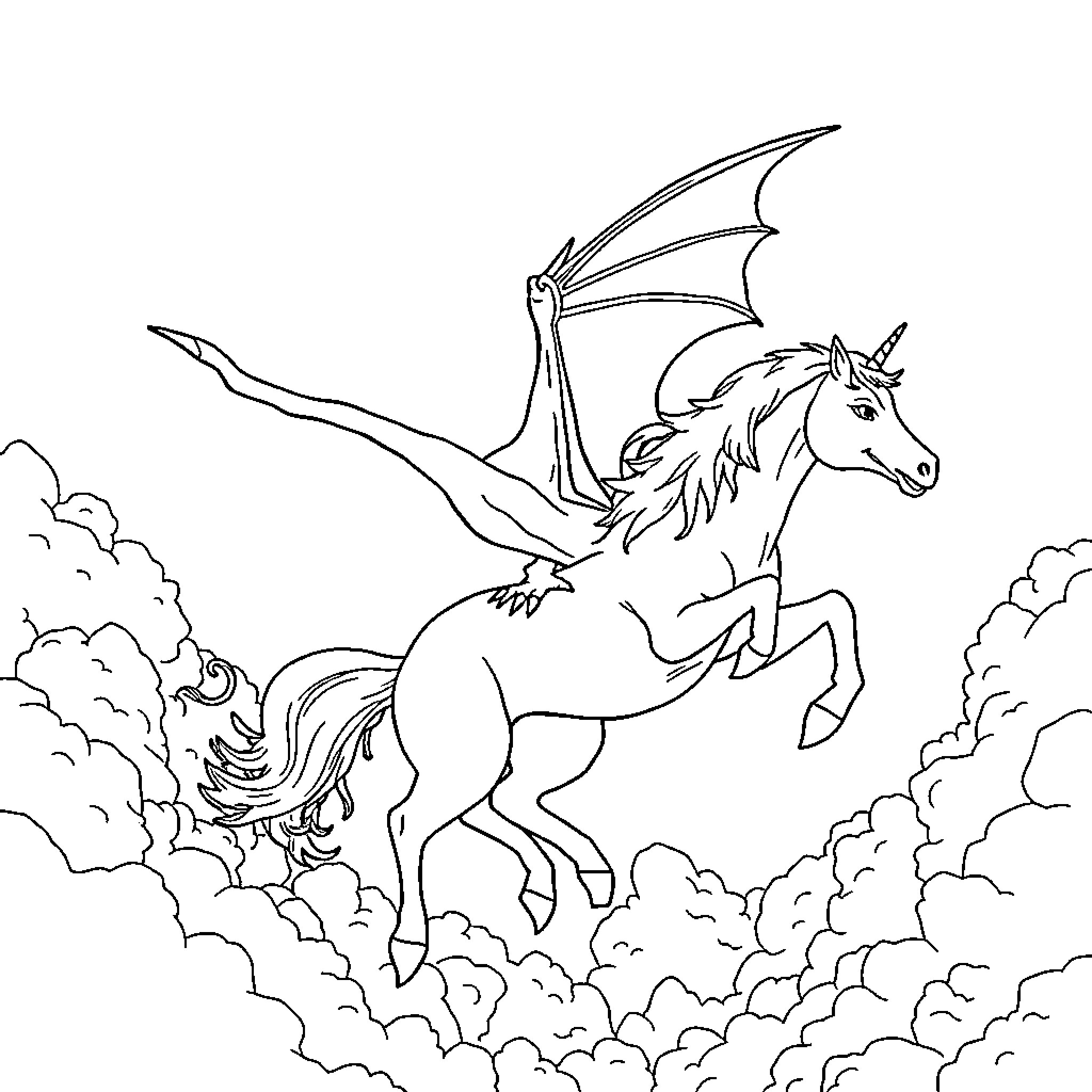 Dragon unicorn soaring through the clouds Coloring Page (free black-and-white line drawing printable PDF for all, from beginners to advanced learners, including children, teens, adults, and seniors)