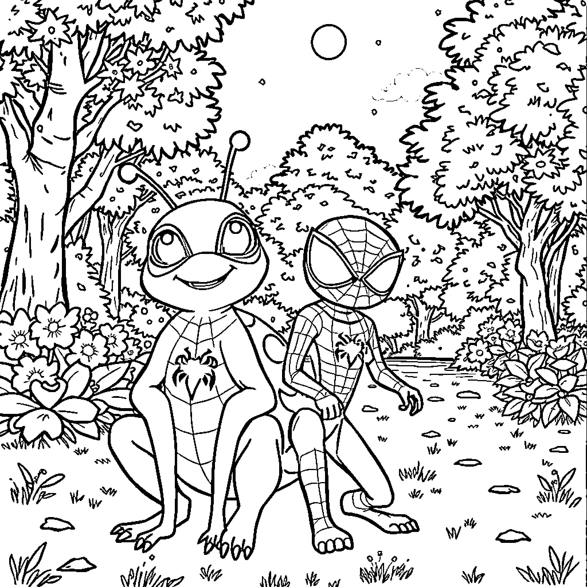 Patrouille of Cute Creatures in the Forest Coloring Page (free black-and-white line drawing printable PDF for all, from beginners to advanced learners, including children, teens, adults, and seniors)