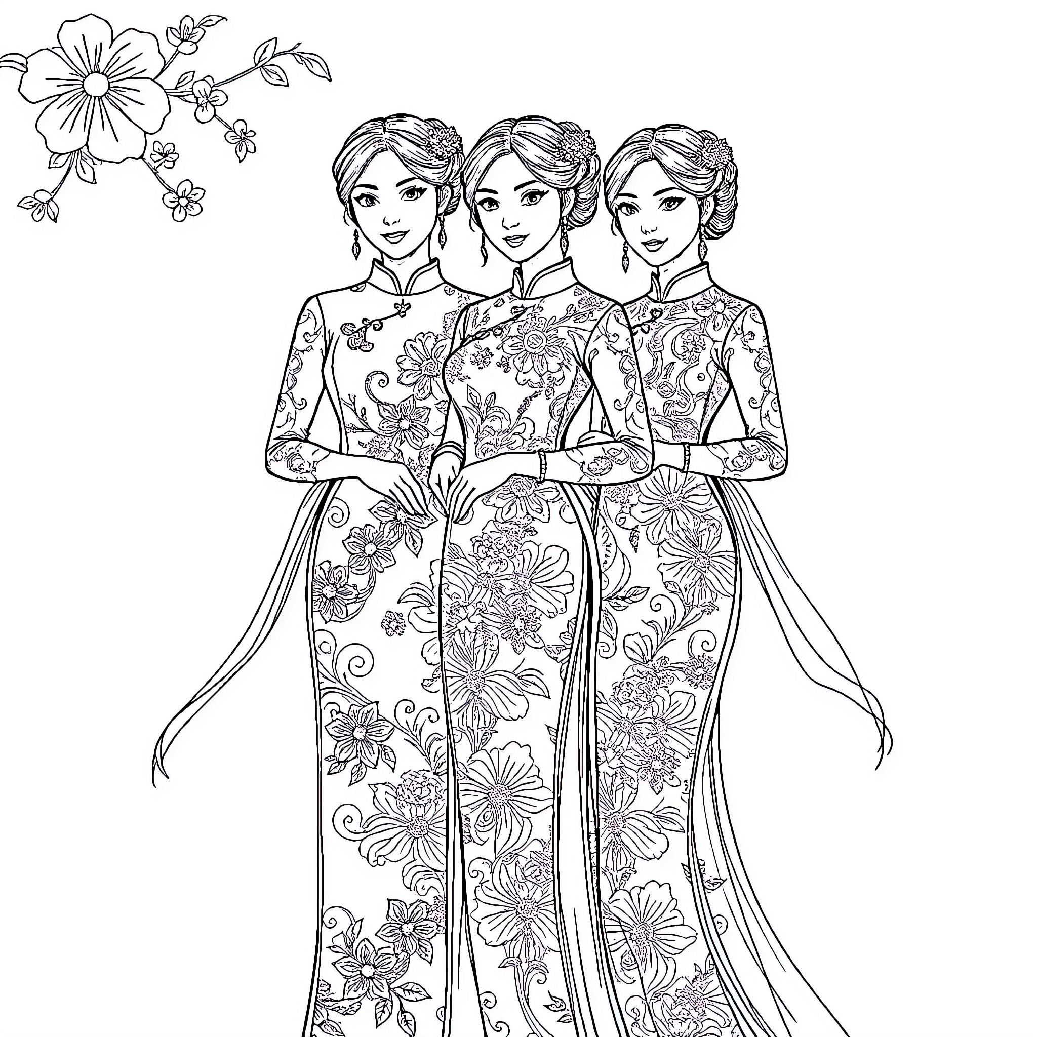 Ladies in Elegant Floral Dresses Coloring Page (free black-and-white line drawing printable PDF for all, from beginners to advanced learners, including children, teens, adults, and seniors)