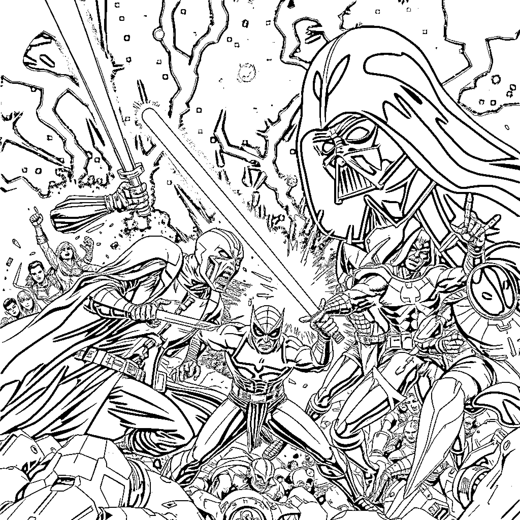 Star Wars: Epic Galactic Battle of Heroes and Villains Coloring Page (free black-and-white line drawing printable PDF for all, from beginners to advanced learners, including children, teens, adults, and seniors)