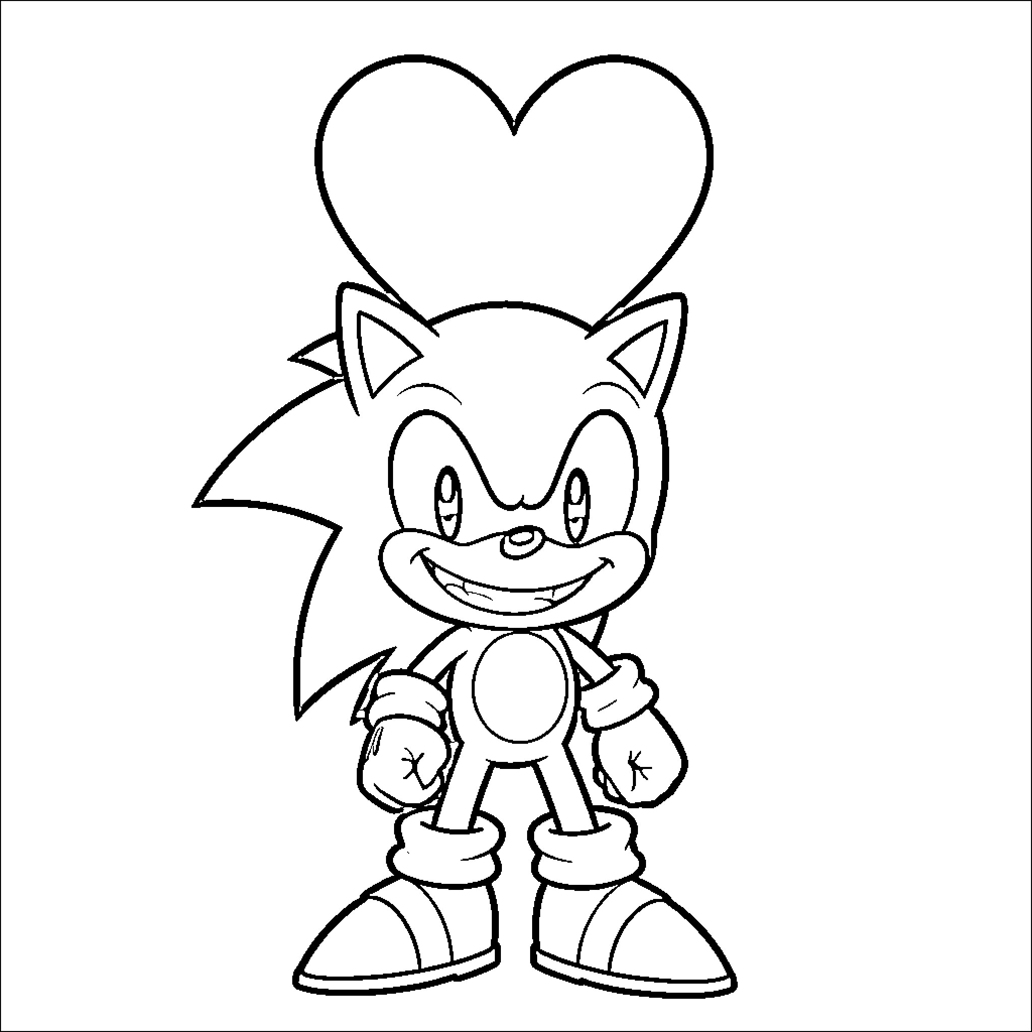 Sonic character with heart-shaped icon Coloring Page (free black-and-white line drawing printable PDF for all, from beginners to advanced learners, including children, teens, adults, and seniors)