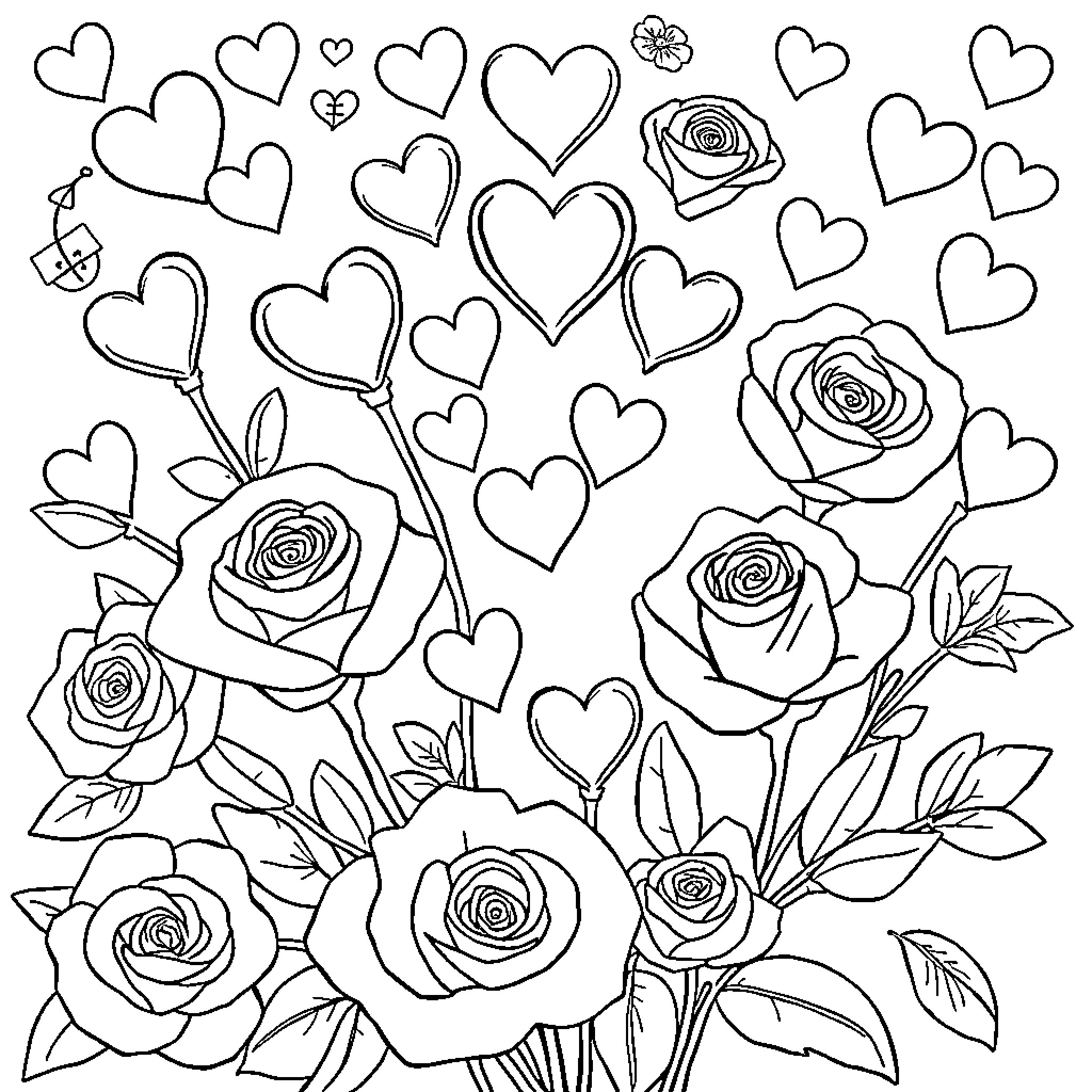 Valentine's Day Roses and Hearts Coloring Page (free black-and-white line drawing printable PDF for all, from beginners to advanced learners, including children, teens, adults, and seniors)