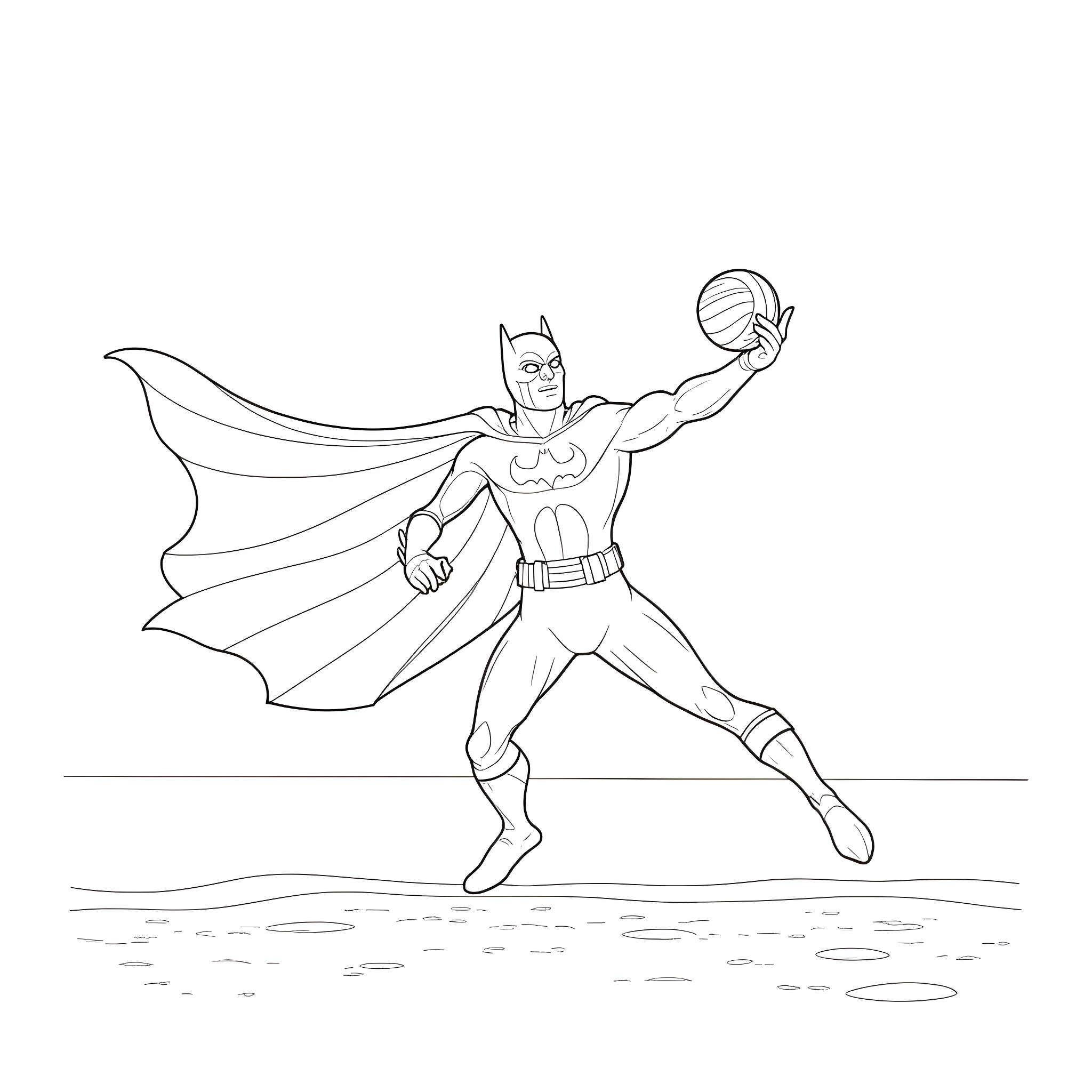 Batman performing heroic action with a ball Coloring Page (free black-and-white line drawing printable PDF for all, from beginners to advanced learners, including children, teens, adults, and seniors)