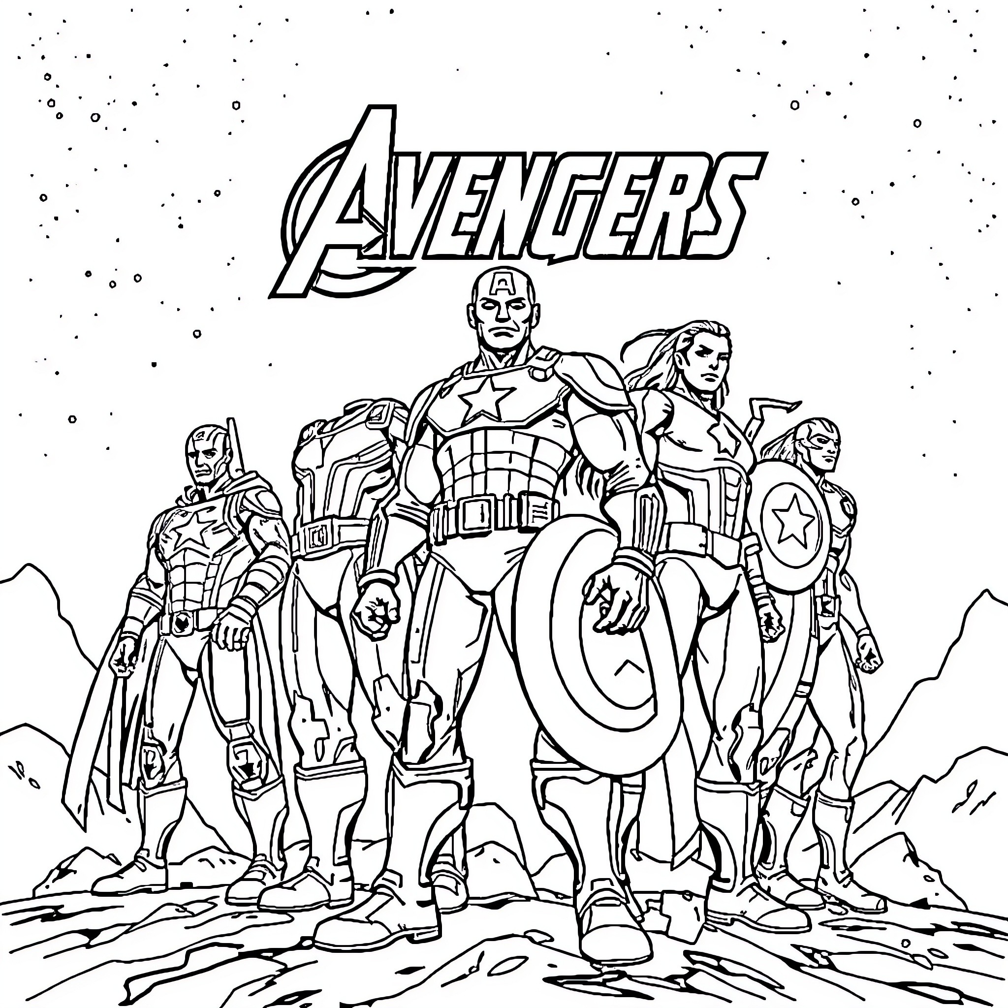 Avengers heroes assembling for action Coloring Page (free black-and-white line drawing printable PDF for all, from beginners to advanced learners, including children, teens, adults, and seniors)