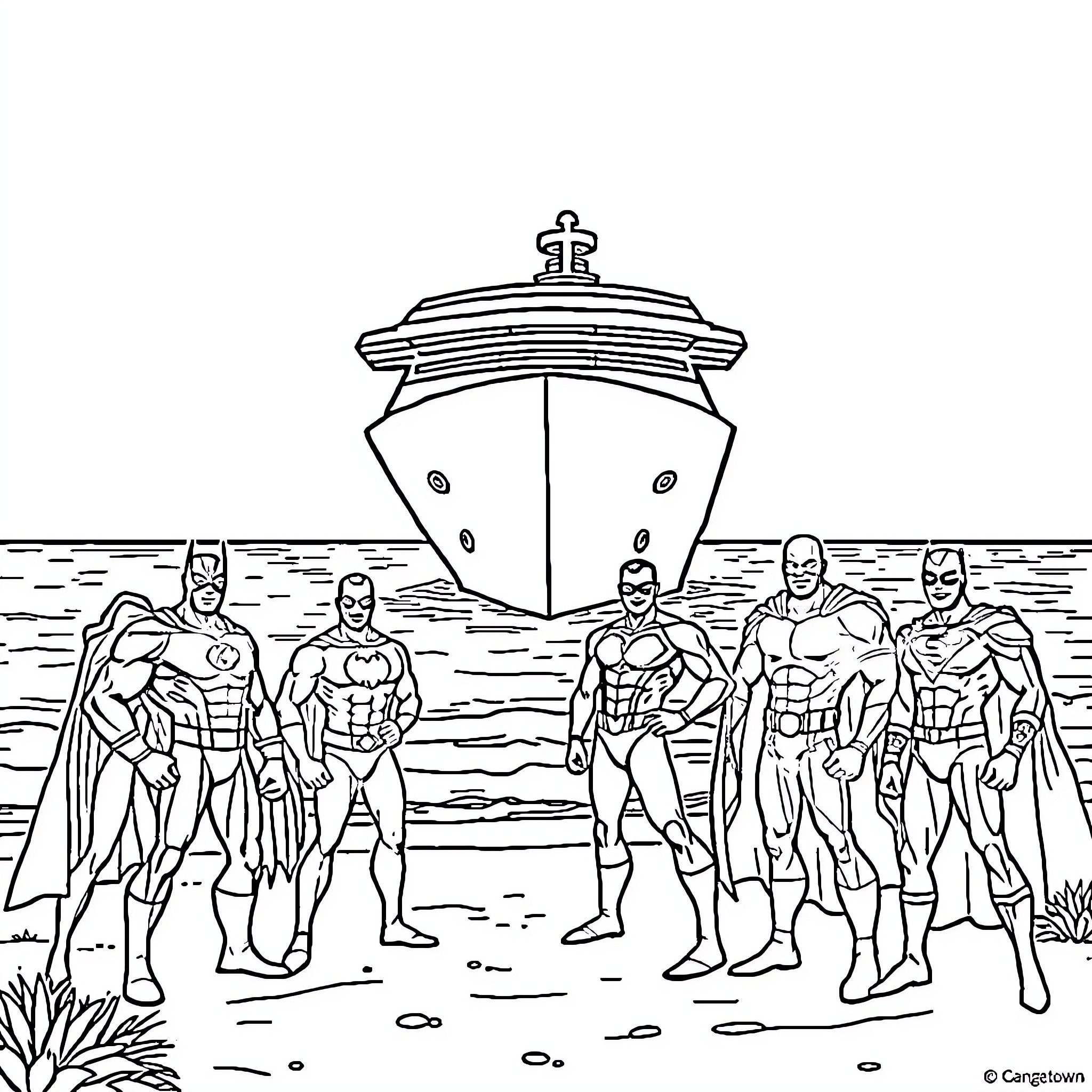 Superhero team assembling on the beach Coloring Page (free black-and-white line drawing printable PDF for all, from beginners to advanced learners, including children, teens, adults, and seniors)