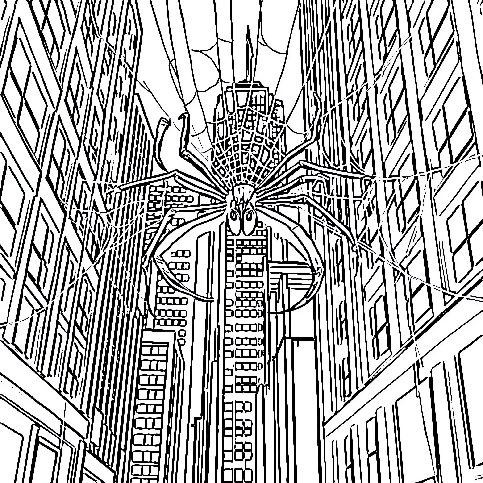 Spider-like structure in the city skyline Coloring Page (free black-and-white line drawing printable PDF for all, from beginners to advanced learners, including children, teens, adults, and seniors)