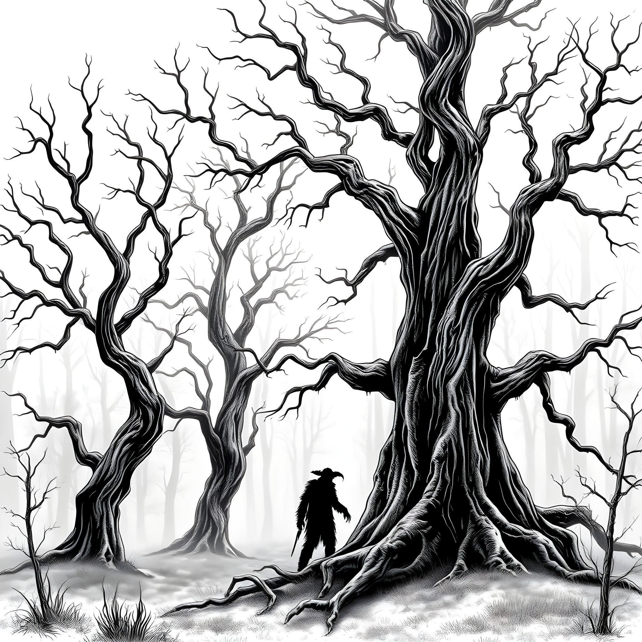 Wendigo in the Eerie Woodland Coloring Page (free black-and-white line drawing printable PDF for all, from beginners to advanced learners, including children, teens, adults, and seniors)