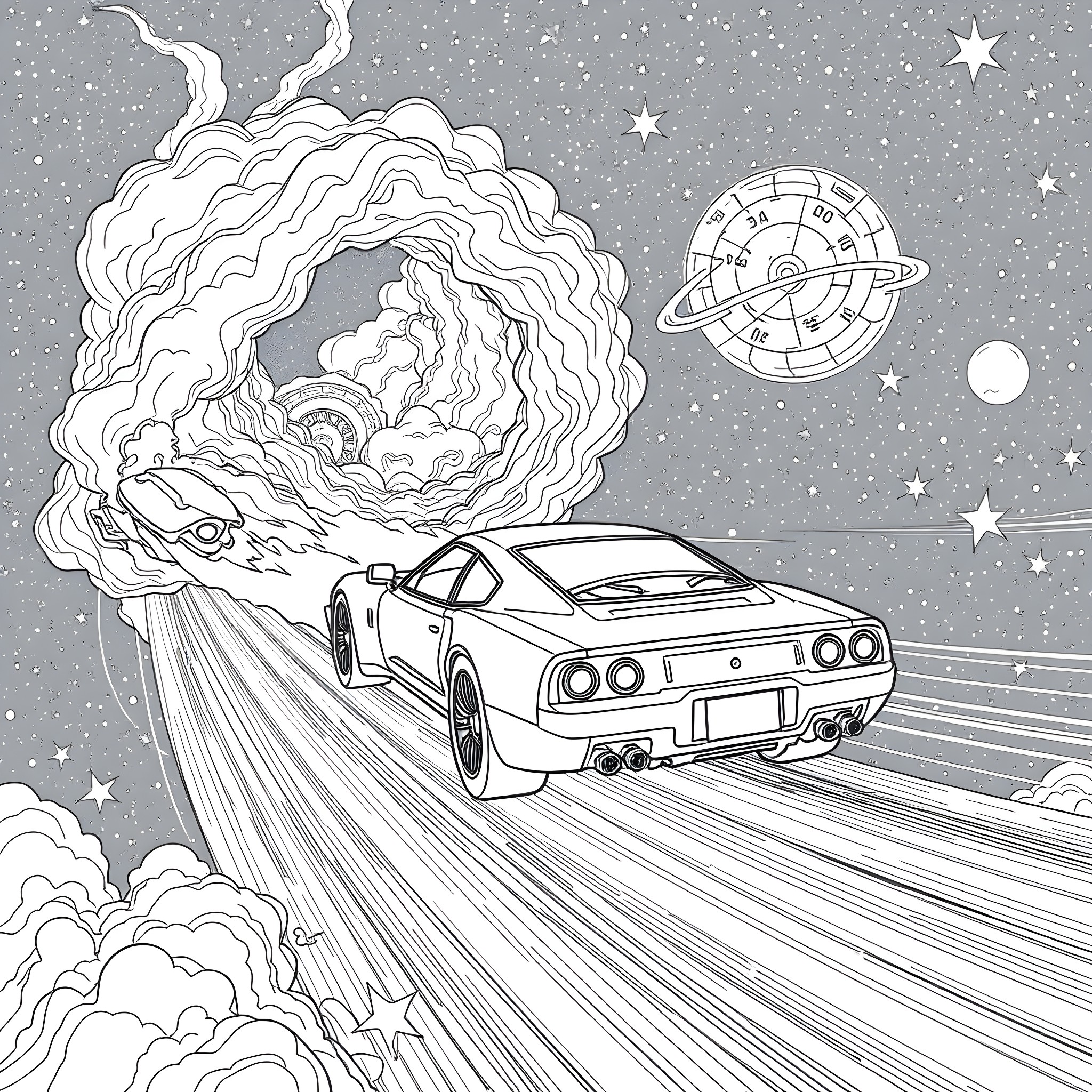 Car racing through cosmic landscapes Coloring Page (free black-and-white line drawing printable PDF for all, from beginners to advanced learners, including children, teens, adults, and seniors)