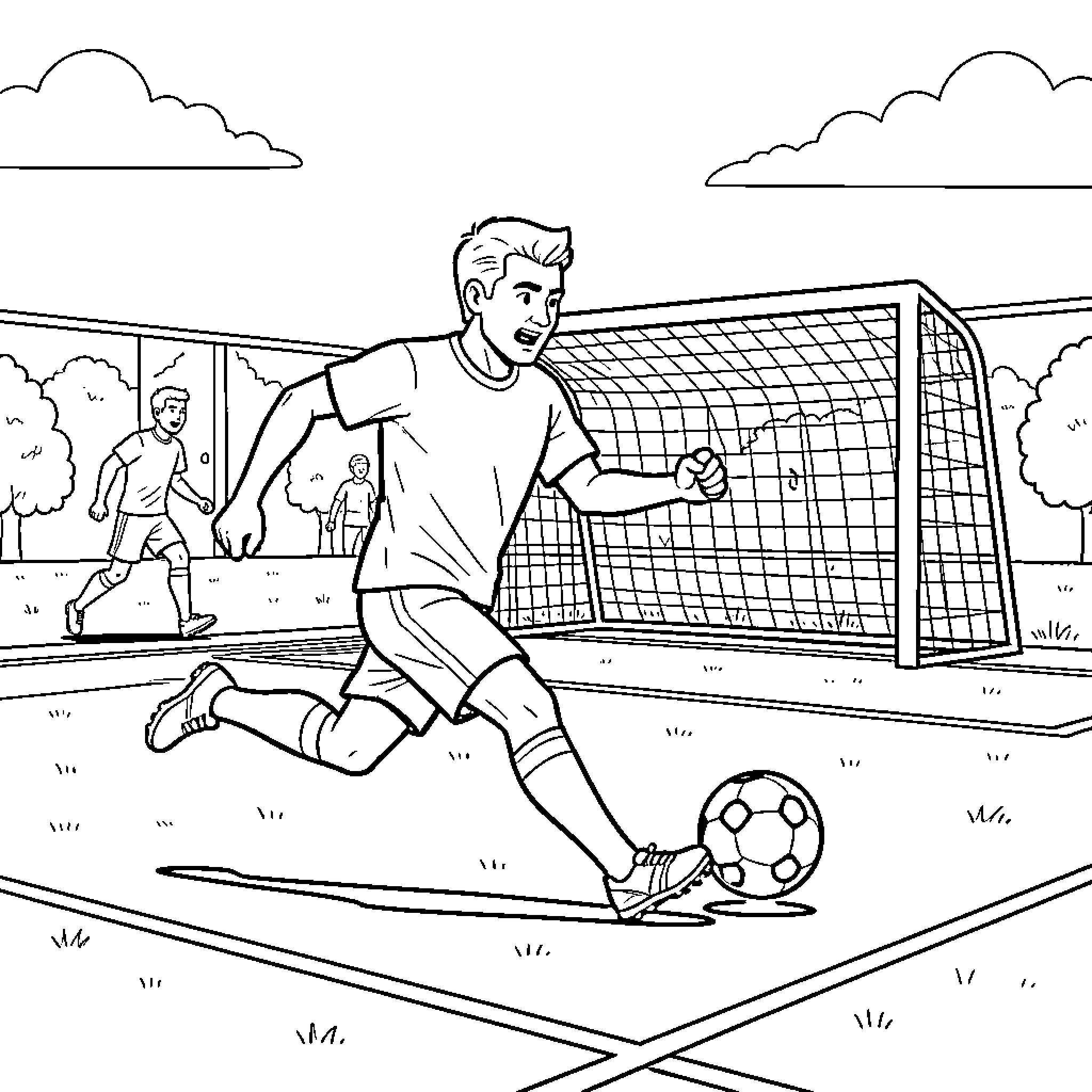 Reynaldo playing soccer and kicking the ball Coloring Page (free black-and-white line drawing printable PDF for all, from beginners to advanced learners, including children, teens, adults, and seniors)