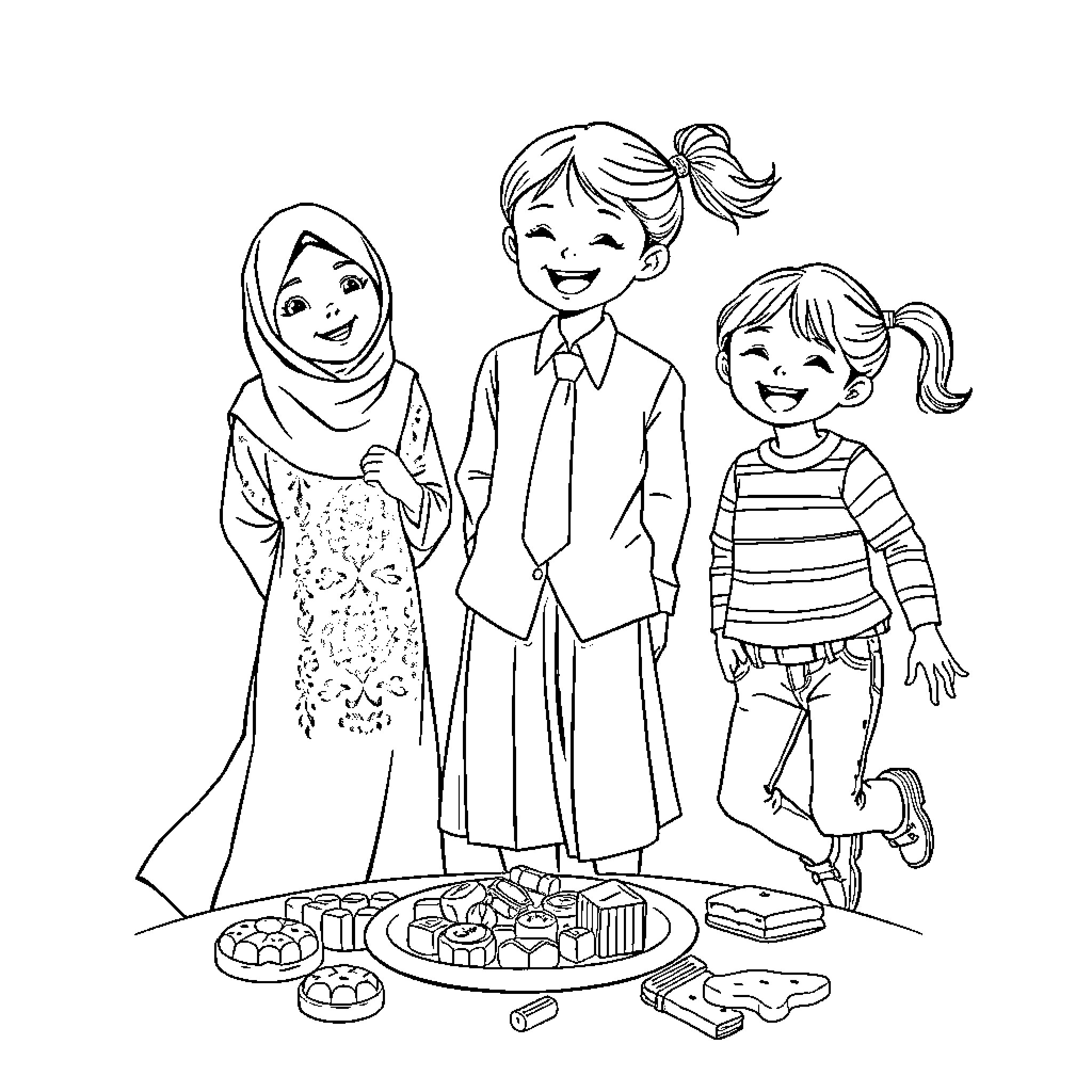 Sisters enjoying a family celebration Coloring Page (free black-and-white line drawing printable PDF for all, from beginners to advanced learners, including children, teens, adults, and seniors)